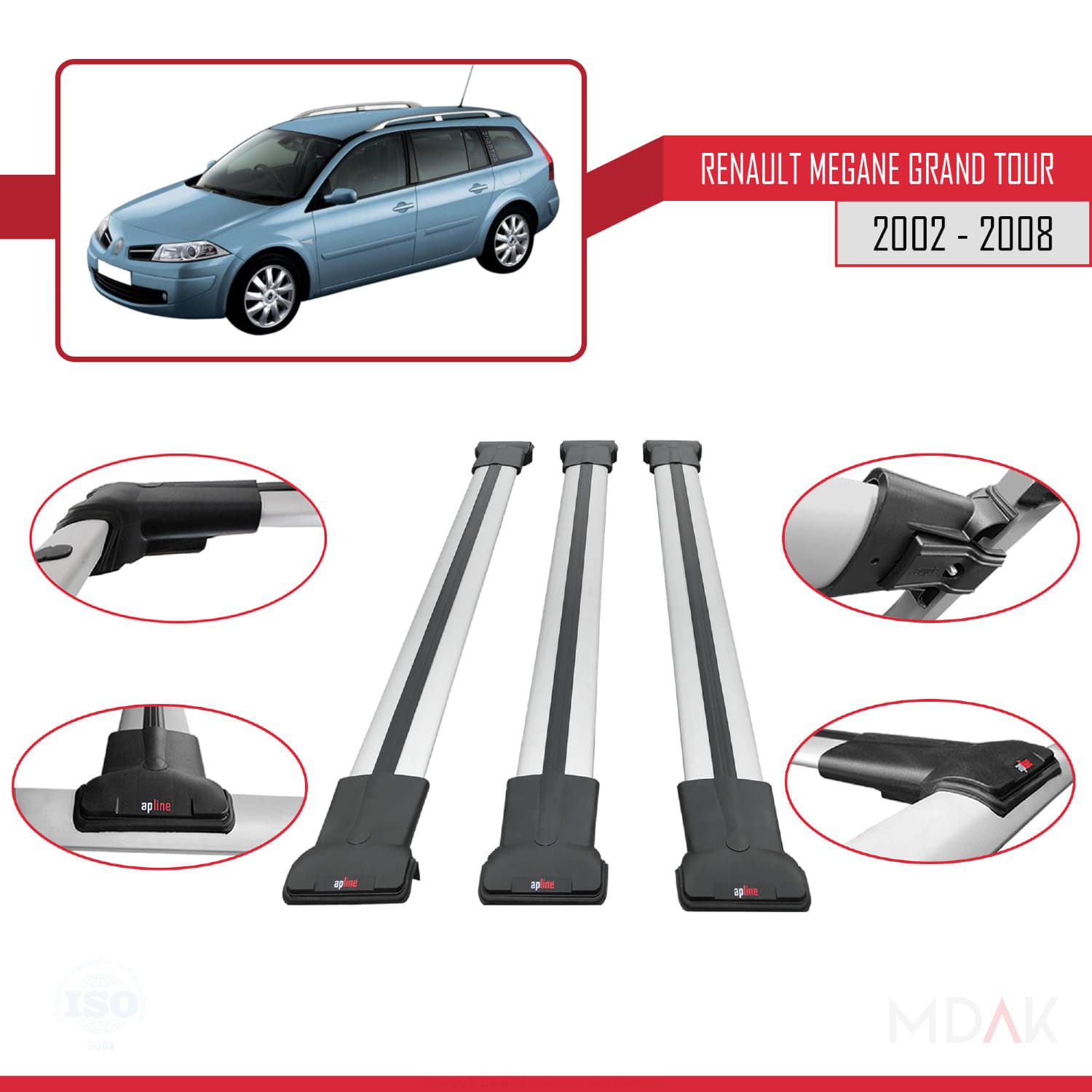 Renault Megane Grand Tour 2002-2008 Arası ile Uyumlu FLY Model Ara Atkı Tavan Barı Gri 3 Adet - Görsel 4
