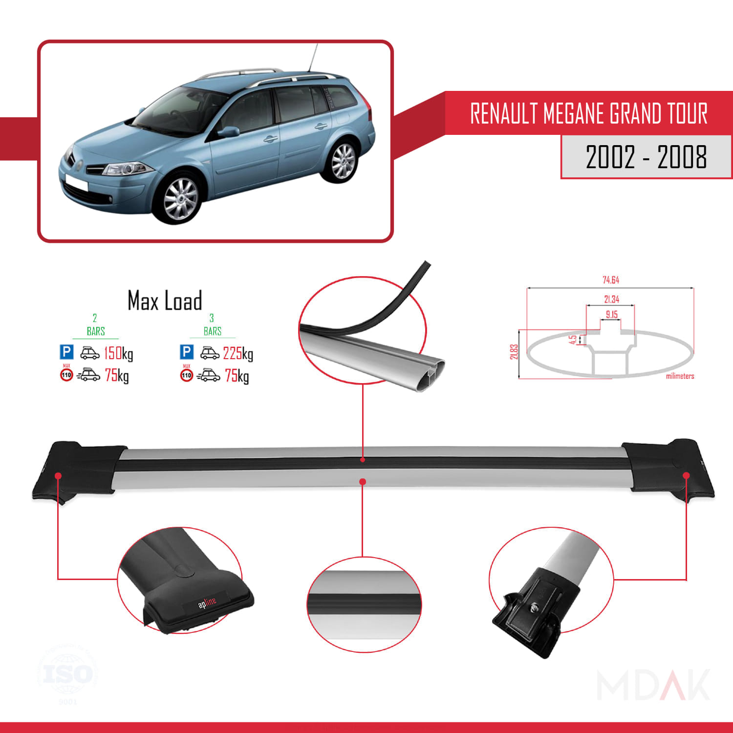Renault Megane Grand Tour 2002-2008 Arası ile Uyumlu FLY Model Ara Atkı Tavan Barı Gri 2 Adet - Görsel 4