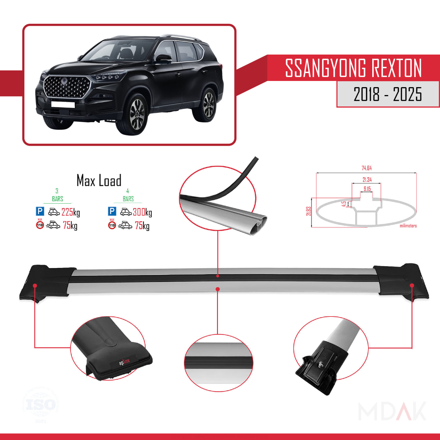 SsangYong Rexton 2018-2025 Arası ile Uyumlu FLY Model Ara Atkı Tavan Barı Gri 3 Adet - Görsel 3