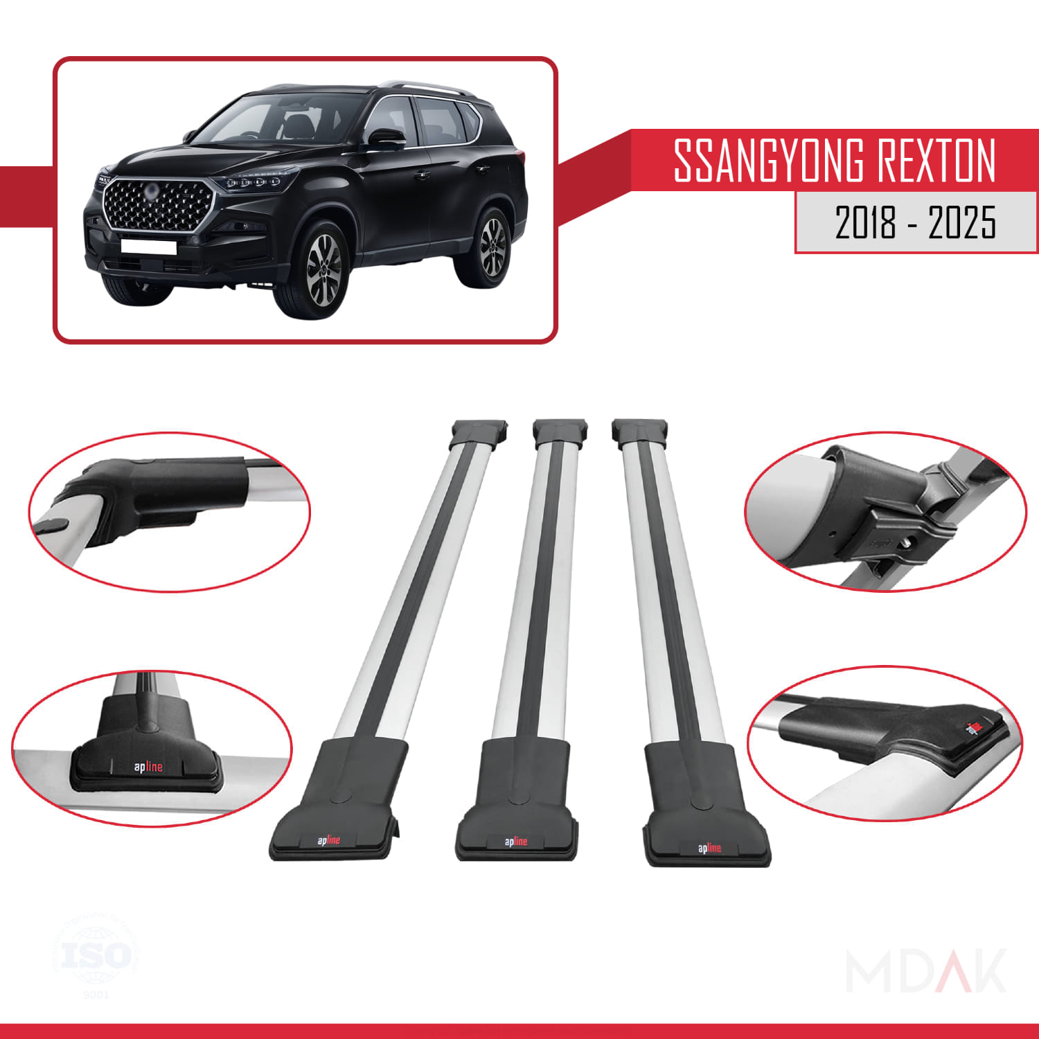 SsangYong Rexton 2018-2025 Arası ile Uyumlu FLY Model Ara Atkı Tavan Barı Gri 3 Adet - Görsel 4
