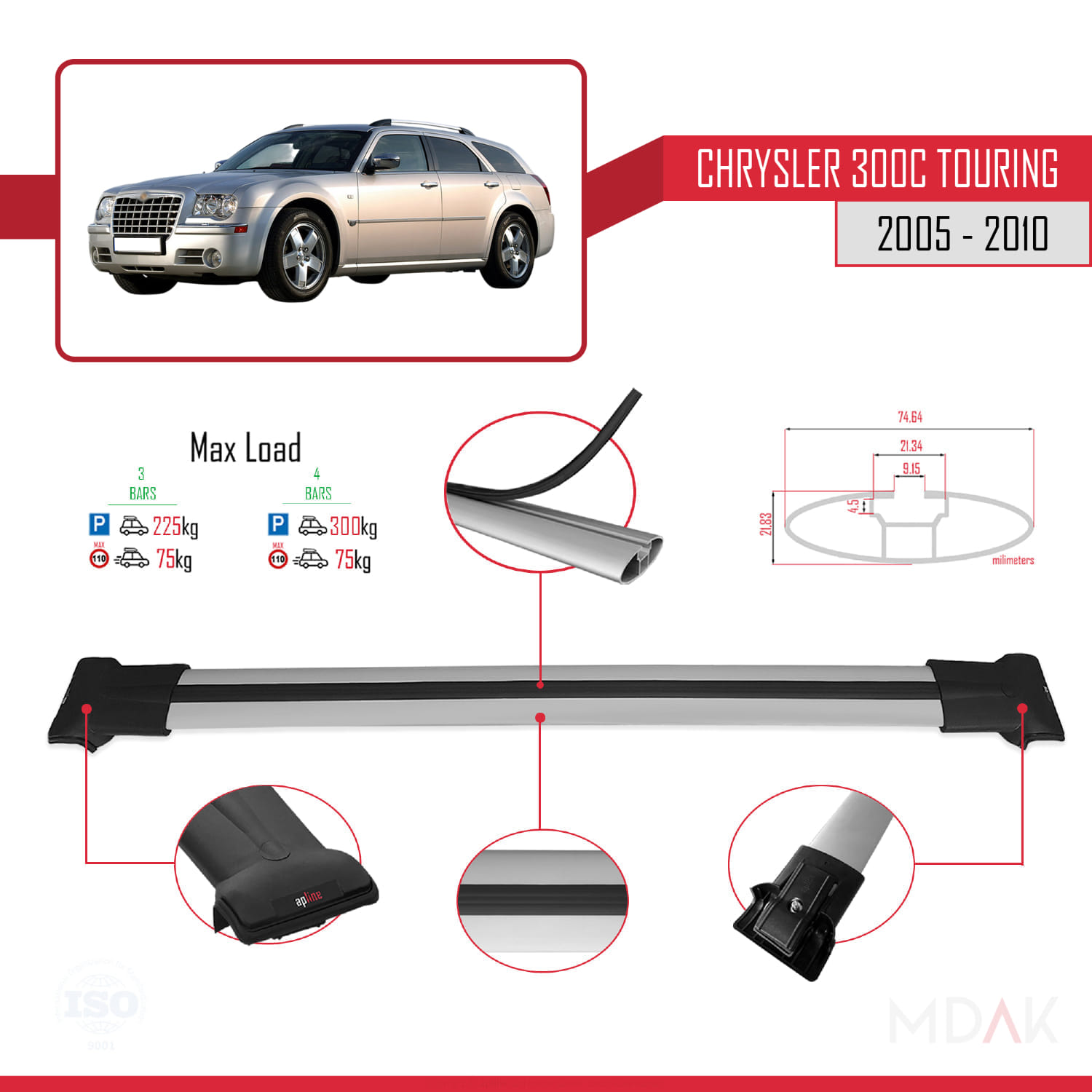 Chrysler 300C Touring 2005-2010 Arası ile Uyumlu FLY Model Ara Atkı Tavan Barı Gri 3 Adet - Görsel 3