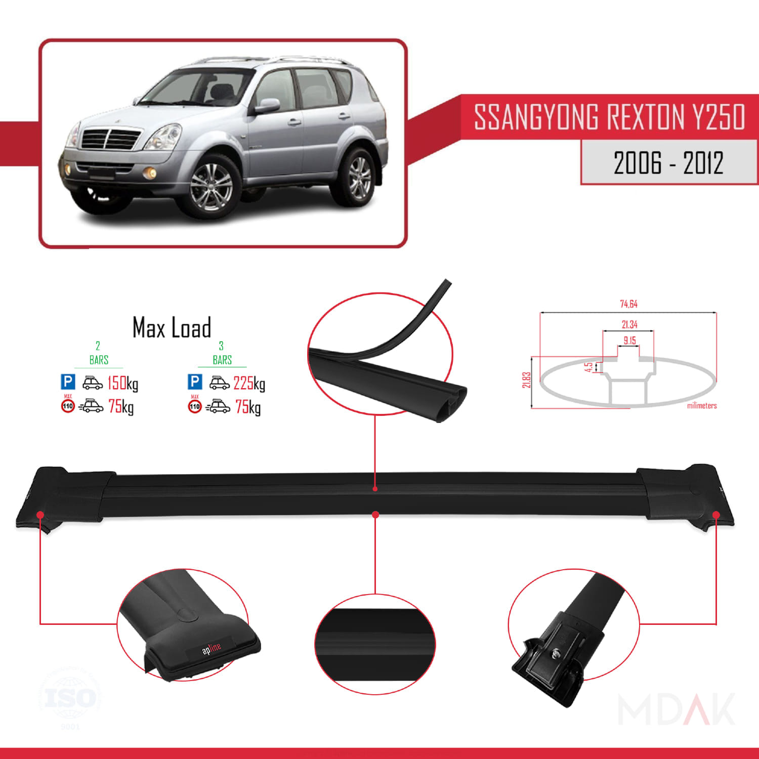 Ssangyong Rexton (Y250) 2006-2012 Arası ile Uyumlu FLY Model Ara Atkı Tavan Barı Siyah 2 Adet - Görsel 3
