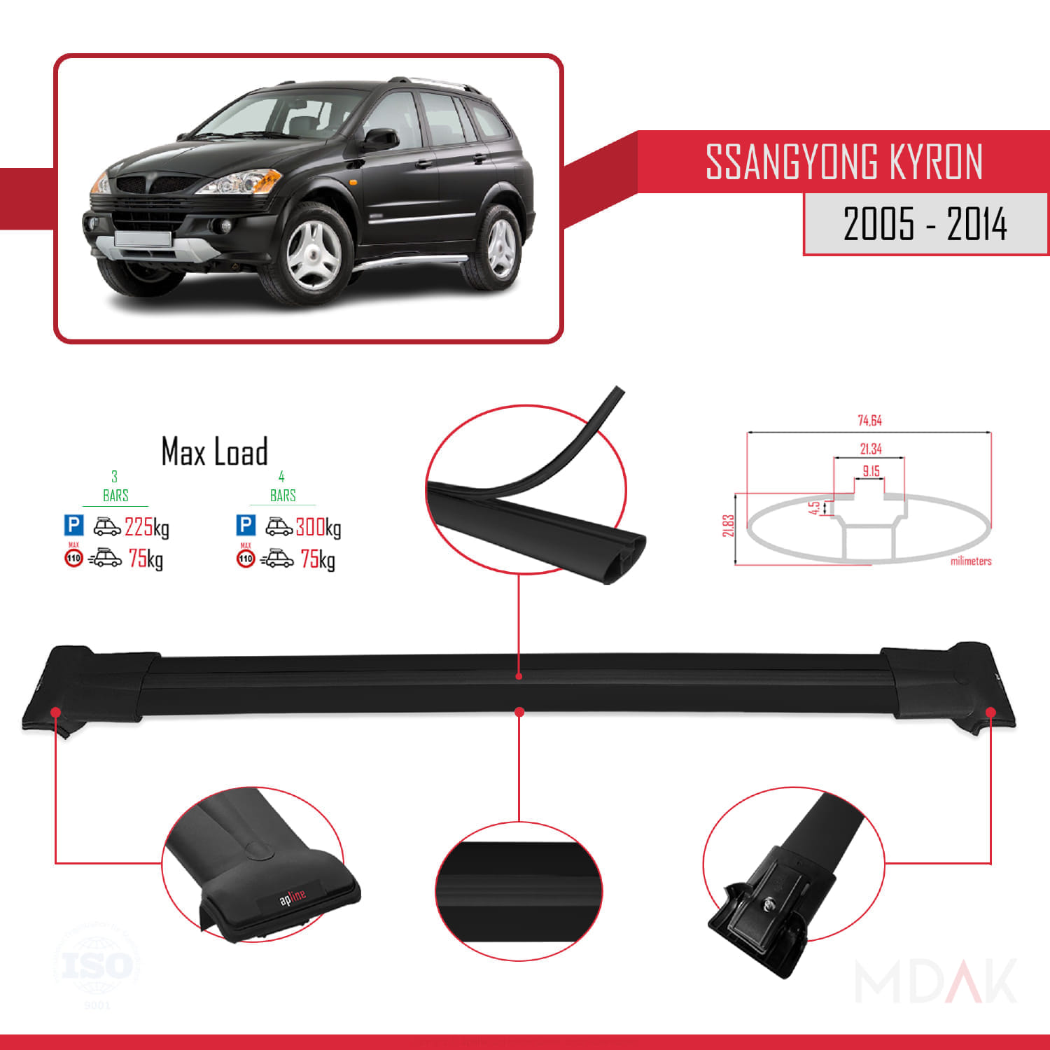 Ssangyong Kyron 2005-2014 Arası ile Uyumlu FLY Model Ara Atkı Tavan Barı Siyah 3 Adet - Görsel 3