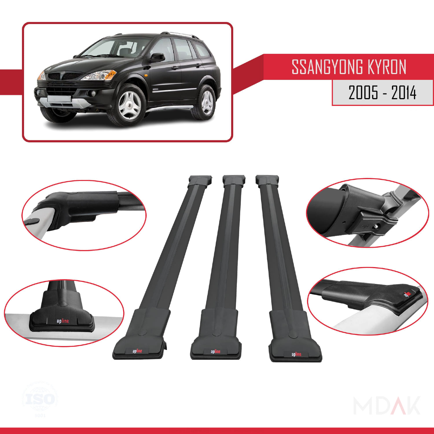 Ssangyong Kyron 2005-2014 Arası ile Uyumlu FLY Model Ara Atkı Tavan Barı Siyah 3 Adet - Görsel 4