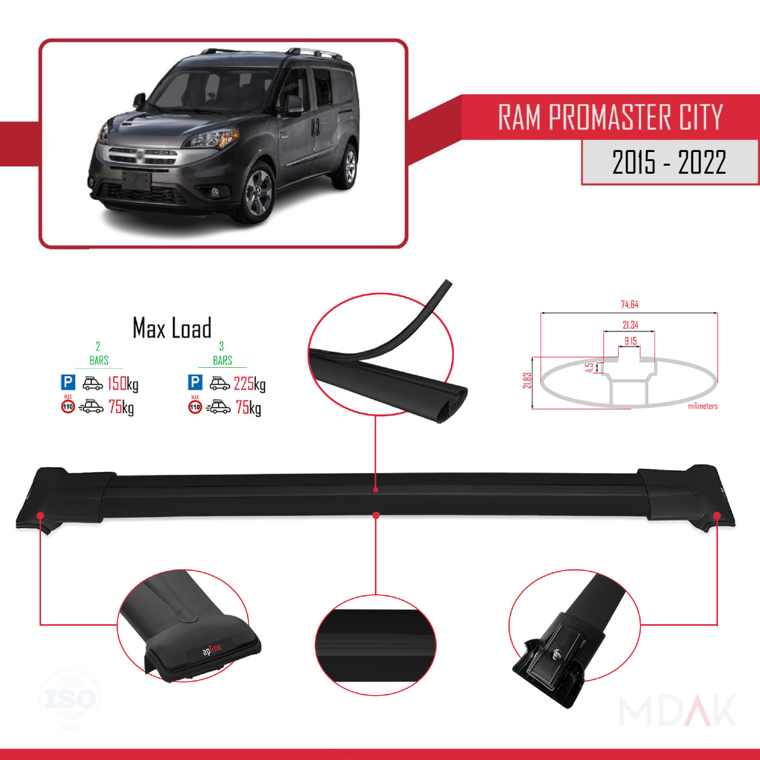 Ram Promaster City (636) 2015-2022 Arası ile Uyumlu FLY Model Ara Atkı Tavan Barı Siyah 2 Adet - Görsel 3