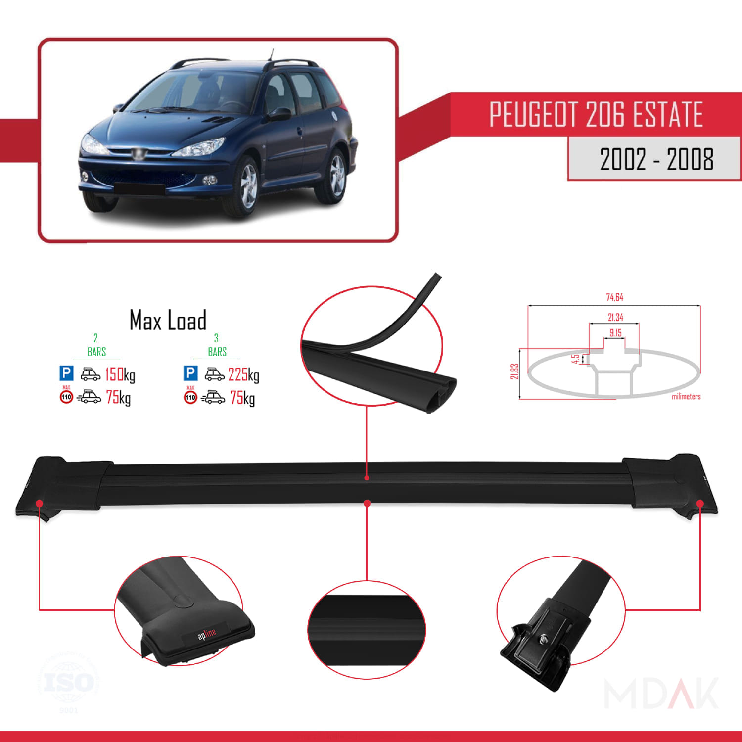 Peugeot 206 SW 2002-2008 Arası ile Uyumlu FLY Model Ara Atkı Tavan Barı Siyah 2 Adet - Görsel 3