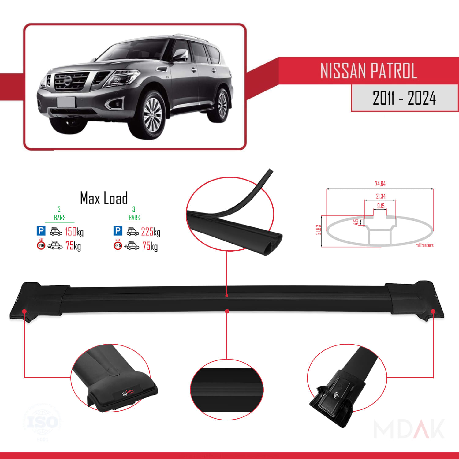 Nissan Patrol 6 (Y62) 2011-2024 Arası ile Uyumlu FLY Model Ara Atkı Tavan Barı Siyah 2 Adet - Görsel 3