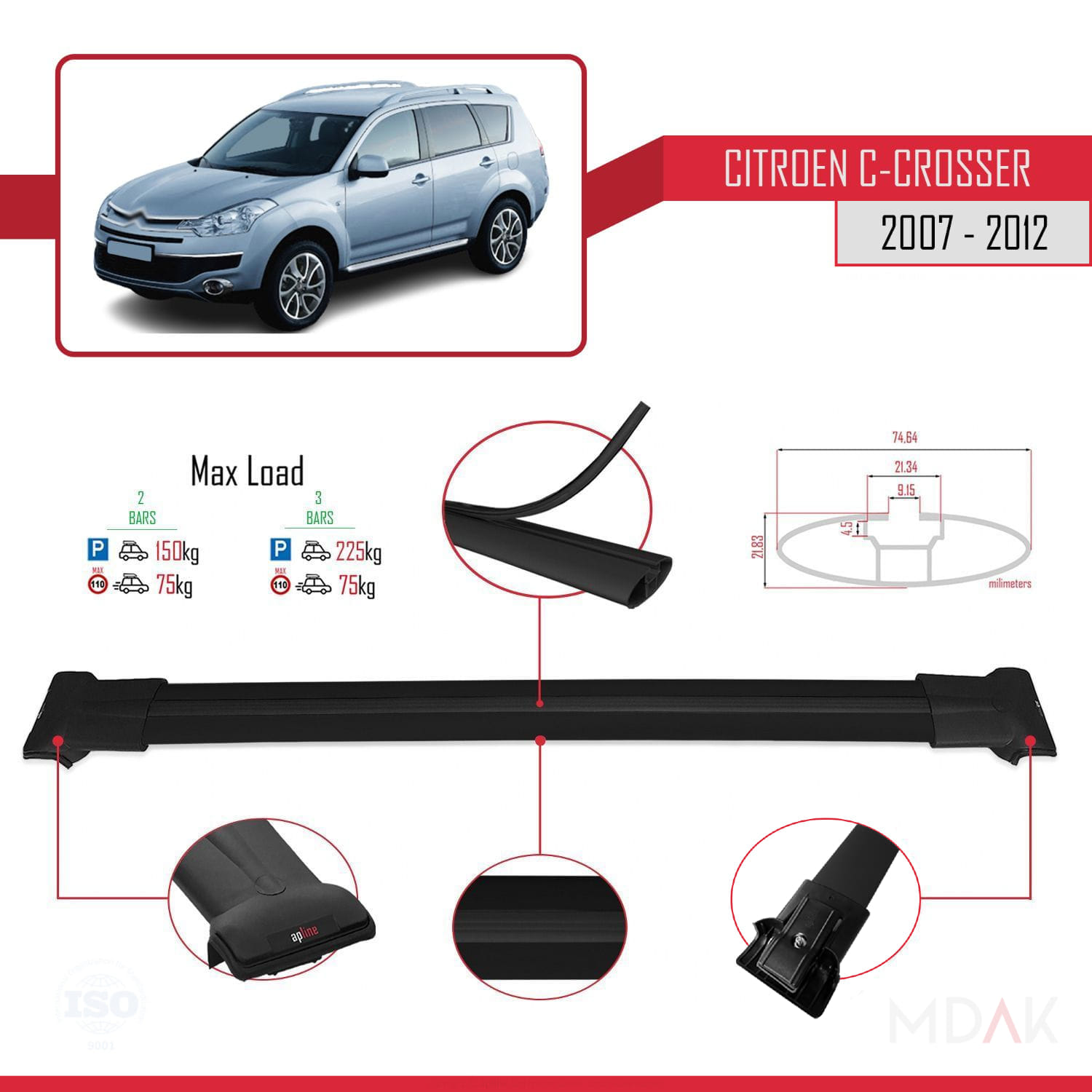 Citroen C-Crosser 2007-2012 Arası ile Uyumlu FLY Model Ara Atkı Tavan Barı Siyah 2 Adet - Görsel 3