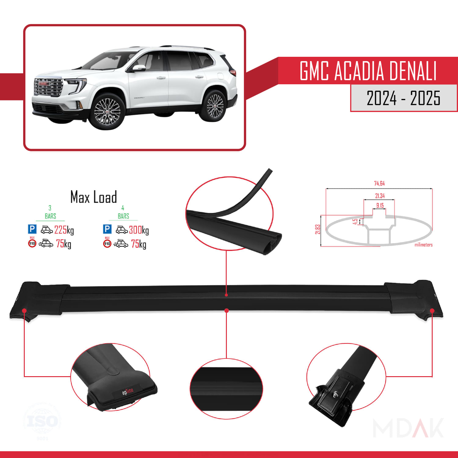 GMC Acadia Denali 2024-2025 Arası ile Uyumlu FLY Model Ara Atkı Tavan Barı Siyah 3 Adet - Görsel 3