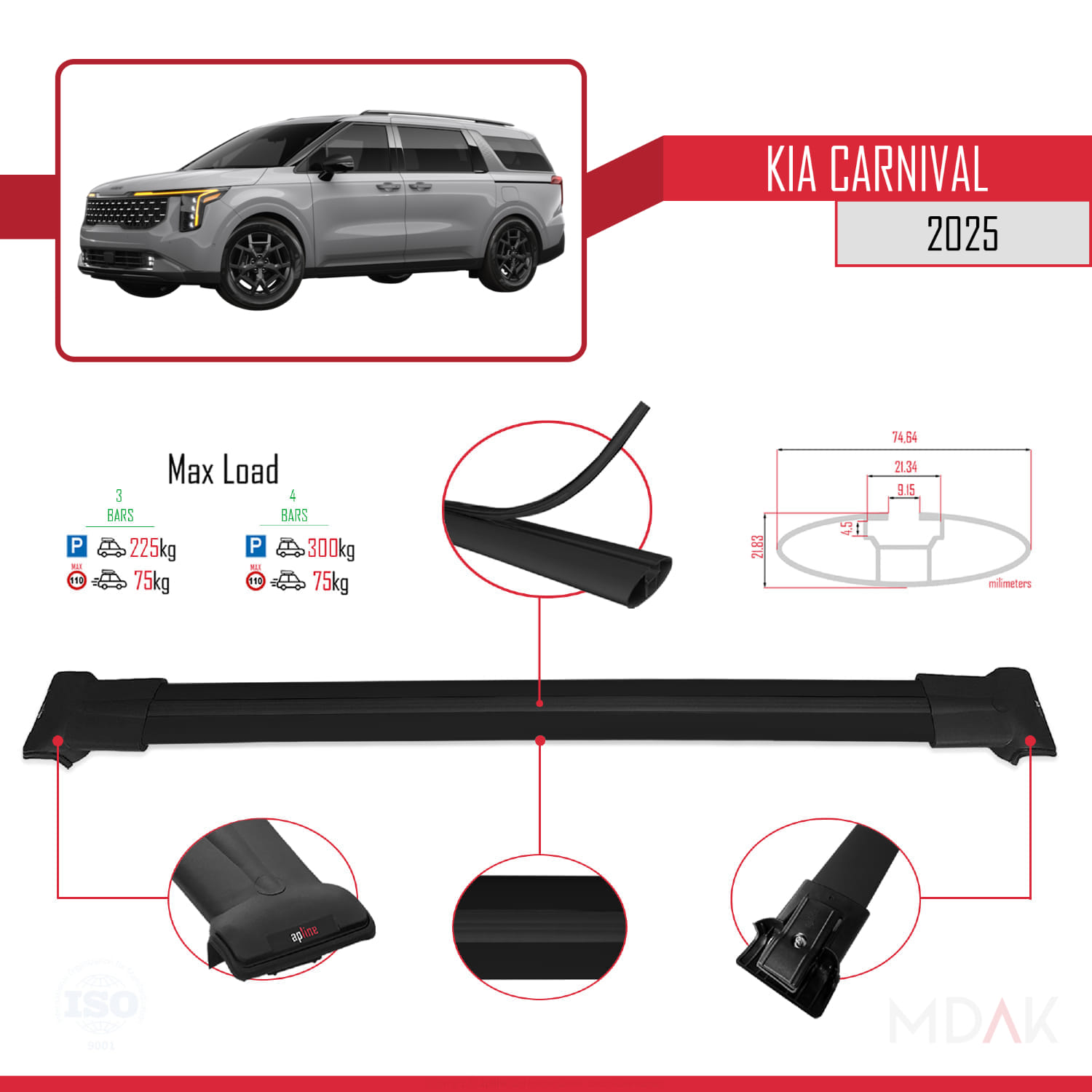 Kia Carnival 2025 ve Sonrası ile Uyumlu FLY Model Ara Atkı Tavan Barı Siyah 3 Adet - Görsel 3