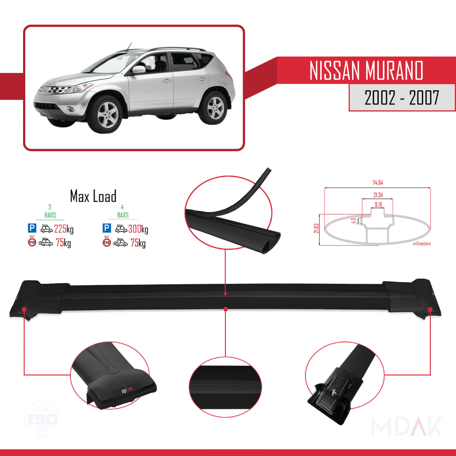 Nissan Murano 2002-2007 Arası ile Uyumlu FLY Model Ara Atkı Tavan Barı Siyah 3 Adet - Görsel 3