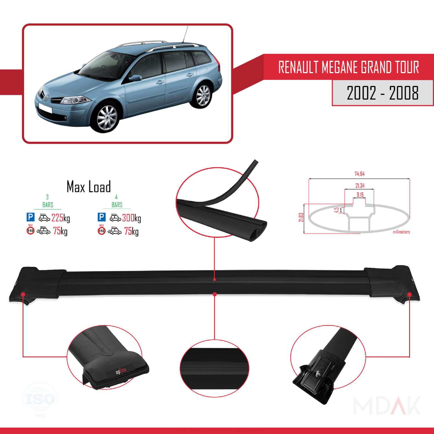 Renault Megane Grand Tour 2002-2008 Arası ile Uyumlu FLY Model Ara Atkı Tavan Barı Siyah 3 Adet - Görsel 3