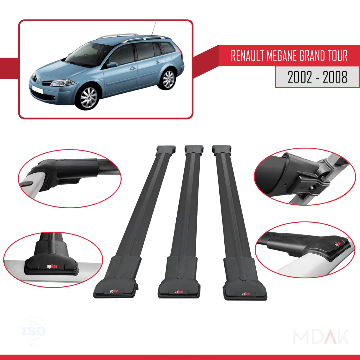 Renault Megane Grand Tour 2002-2008 Arası ile Uyumlu FLY Model Ara Atkı Tavan Barı Siyah 3 Adet - Görsel 4