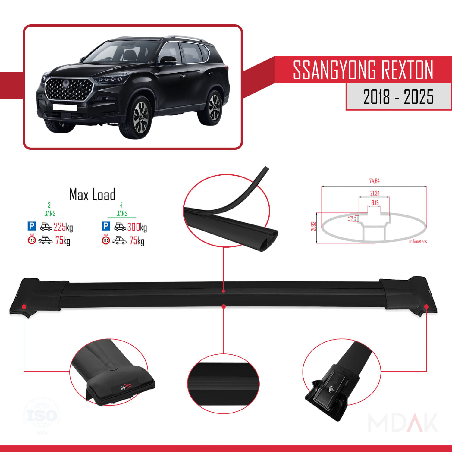 SsangYong Rexton 2018-2025 Arası ile Uyumlu FLY Model Ara Atkı Tavan Barı Siyah 3 Adet - Görsel 3