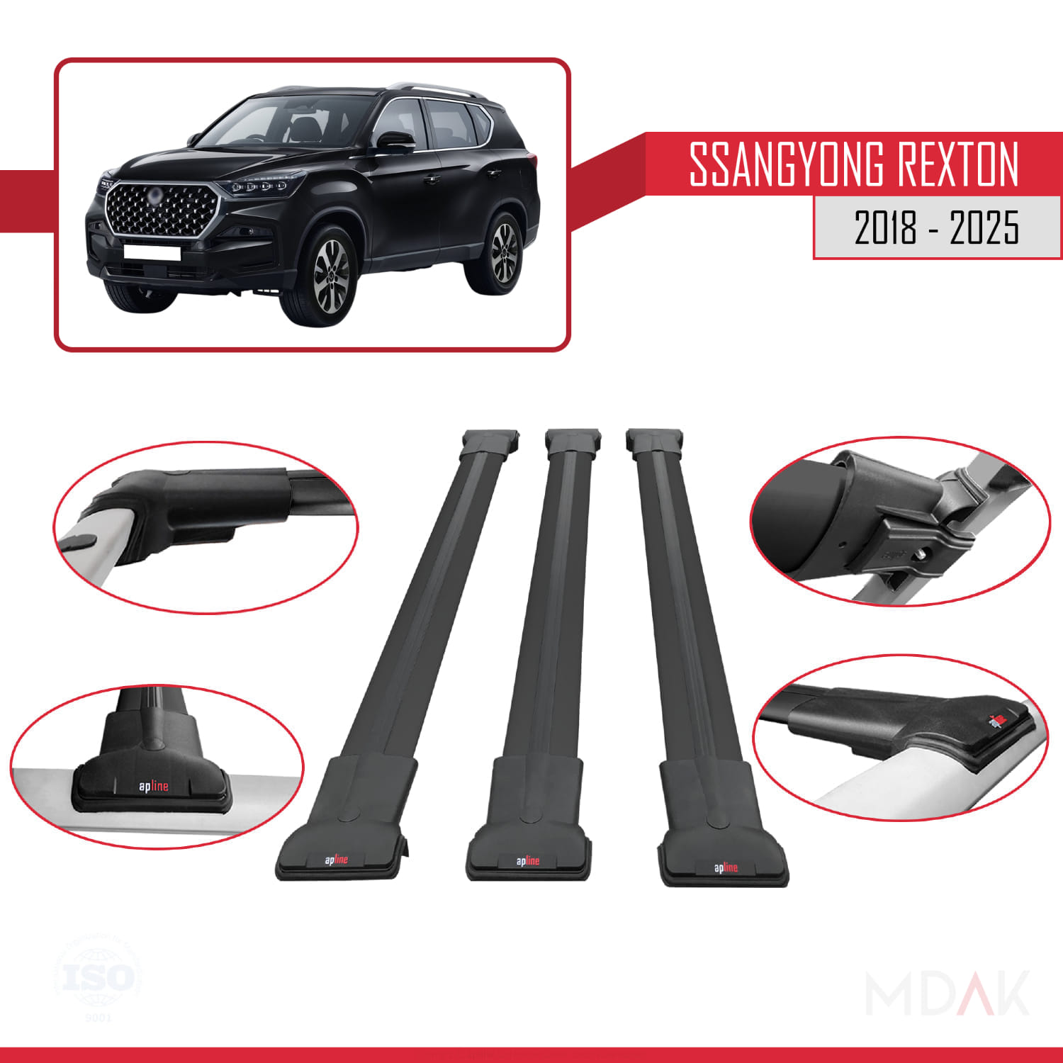 SsangYong Rexton 2018-2025 Arası ile Uyumlu FLY Model Ara Atkı Tavan Barı Siyah 3 Adet - Görsel 4