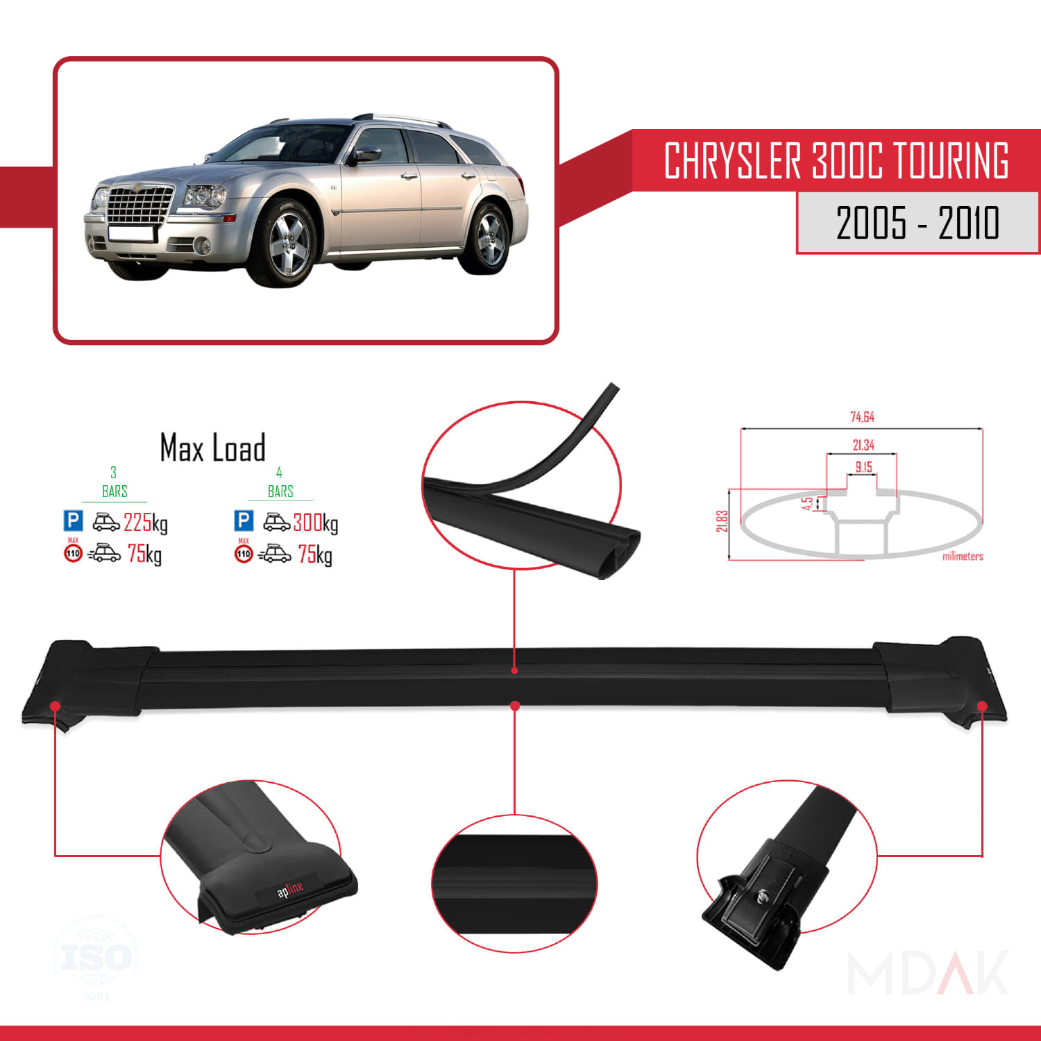 Chrysler 300C Touring 2005-2010 Arası ile Uyumlu FLY Model Ara Atkı Tavan Barı Siyah 3 Adet - Görsel 3