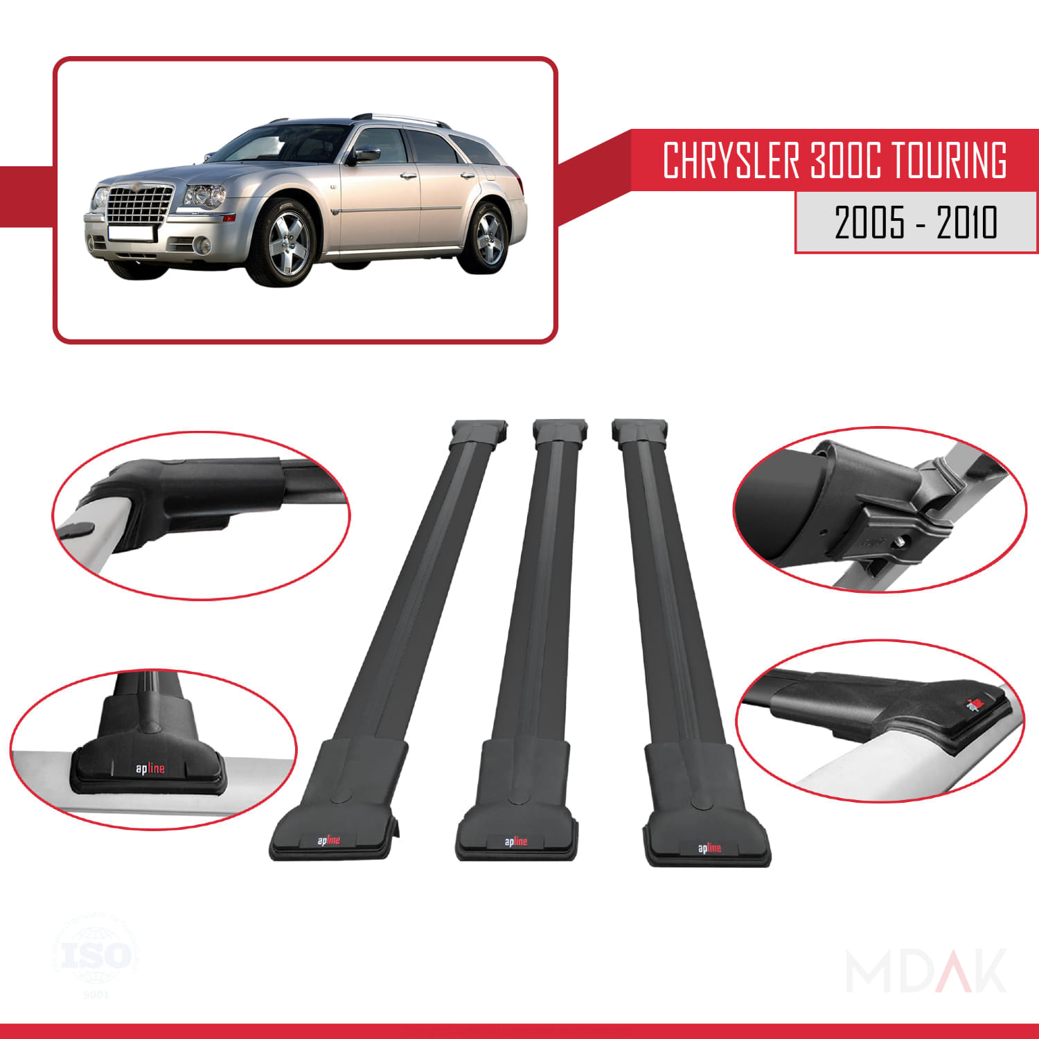 Chrysler 300C Touring 2005-2010 Arası ile Uyumlu FLY Model Ara Atkı Tavan Barı Siyah 3 Adet - Görsel 4