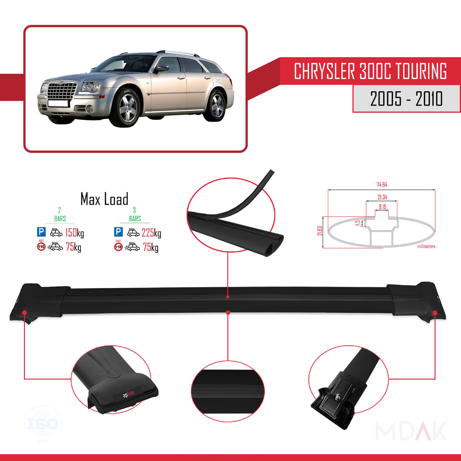 Chrysler 300C Touring 2005-2010 Arası ile Uyumlu FLY Model Ara Atkı Tavan Barı Siyah 2 Adet - Görsel 4