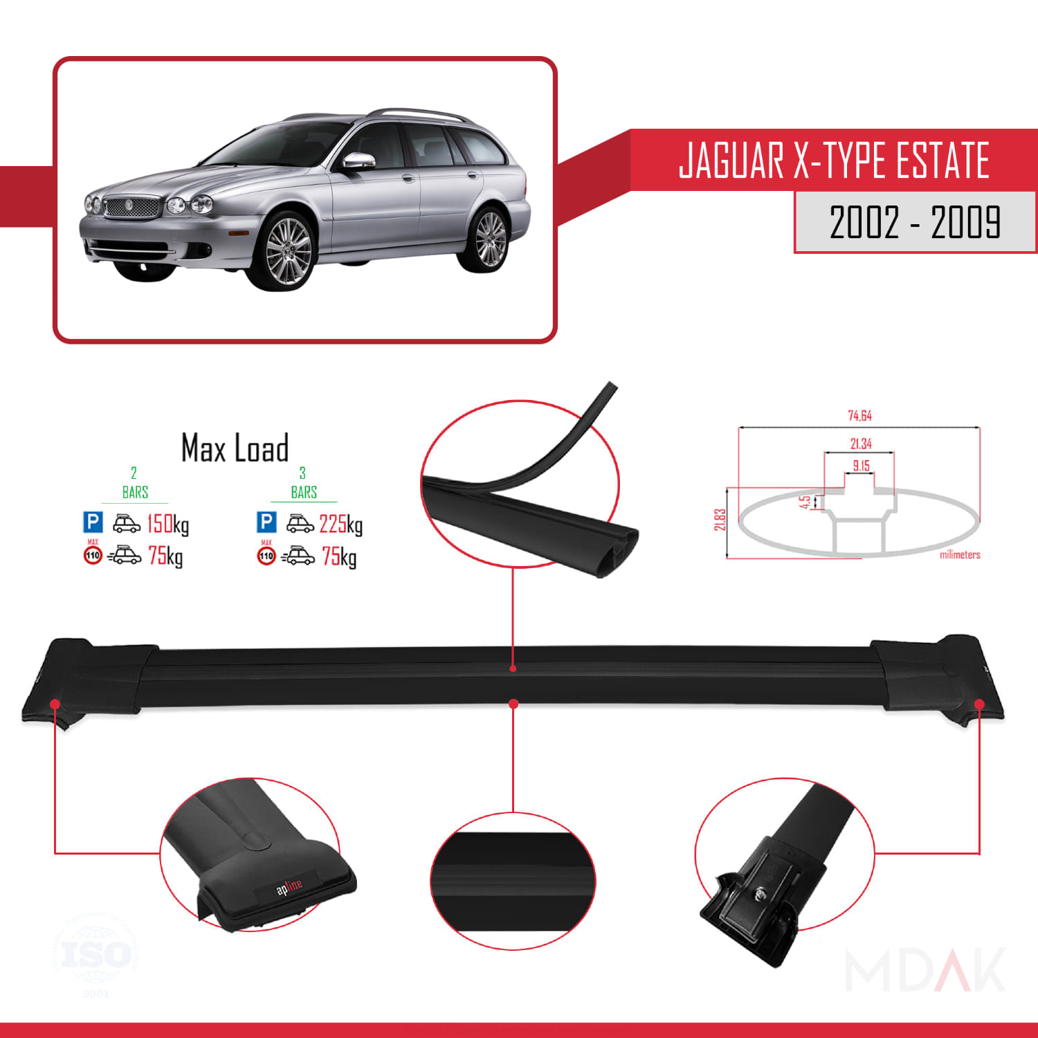 Jaguar X-Type Estate 2002-2009 Arası ile Uyumlu FLY Model Ara Atkı Tavan Barı Siyah 2 Adet - Görsel 4