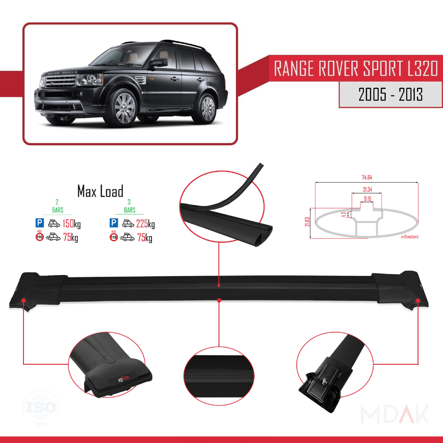 Land Rover Range Rover Sport (L320) 2005-2013 Arası ile Uyumlu FLY Model Ara Atkı Tavan Barı Siyah 2 Adet - Görsel 3