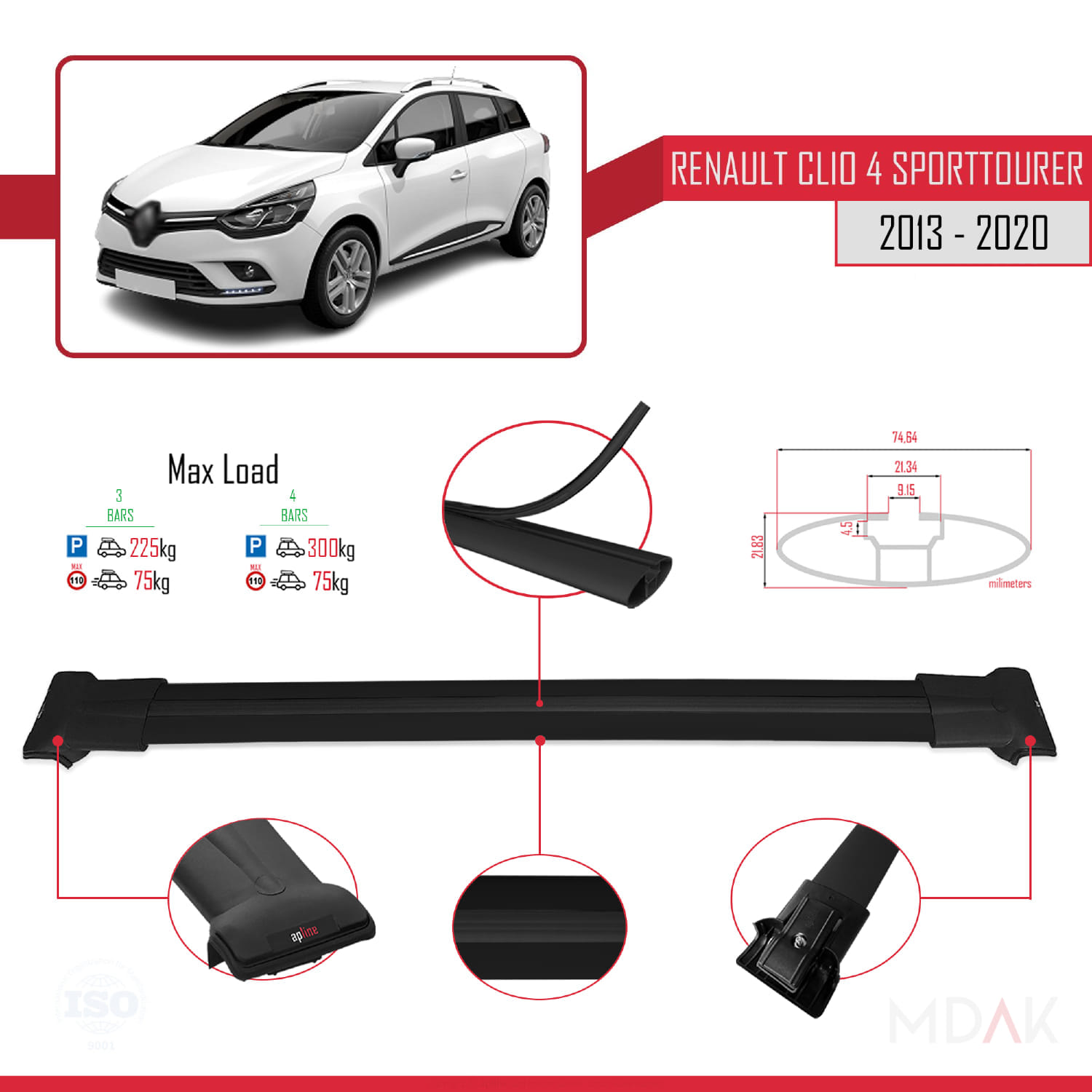 Renault Clio 4 ST 2013-2020 Arası ile Uyumlu FLY Model Ara Atkı Tavan Barı Siyah 3 Adet - Görsel 3