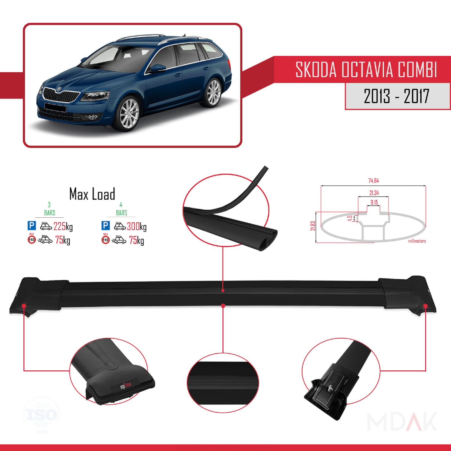 Skoda Octavia 3 (5E) Combi Pre-Facelift 2013-2017 Arası ile Uyumlu FLY Model Ara Atkı Tavan Barı Siyah 3 Adet - Görsel 3