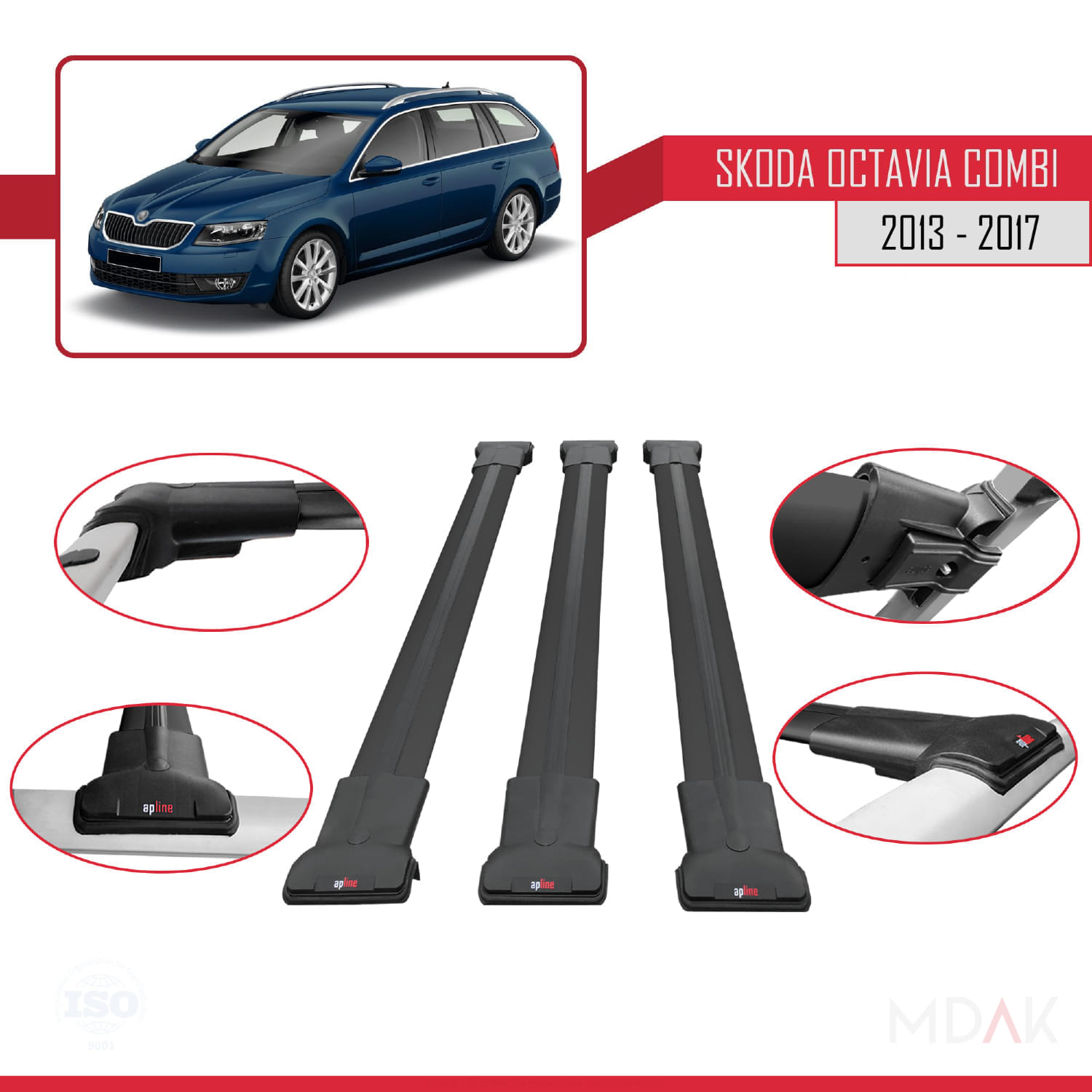 Skoda Octavia 3 (5E) Combi Pre-Facelift 2013-2017 Arası ile Uyumlu FLY Model Ara Atkı Tavan Barı Siyah 3 Adet - Görsel 4