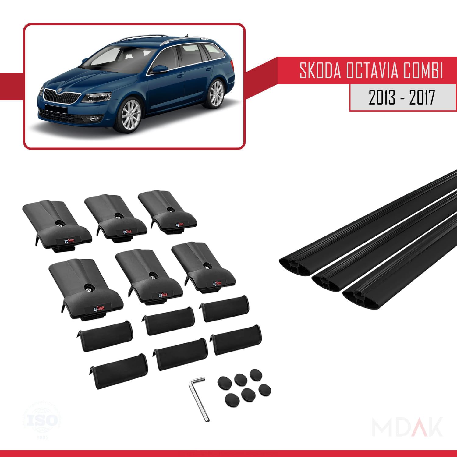 Skoda Octavia 3 (5E) Combi Pre-Facelift 2013-2017 Arası ile Uyumlu FLY Model Ara Atkı Tavan Barı Siyah 3 Adet - Görsel 5