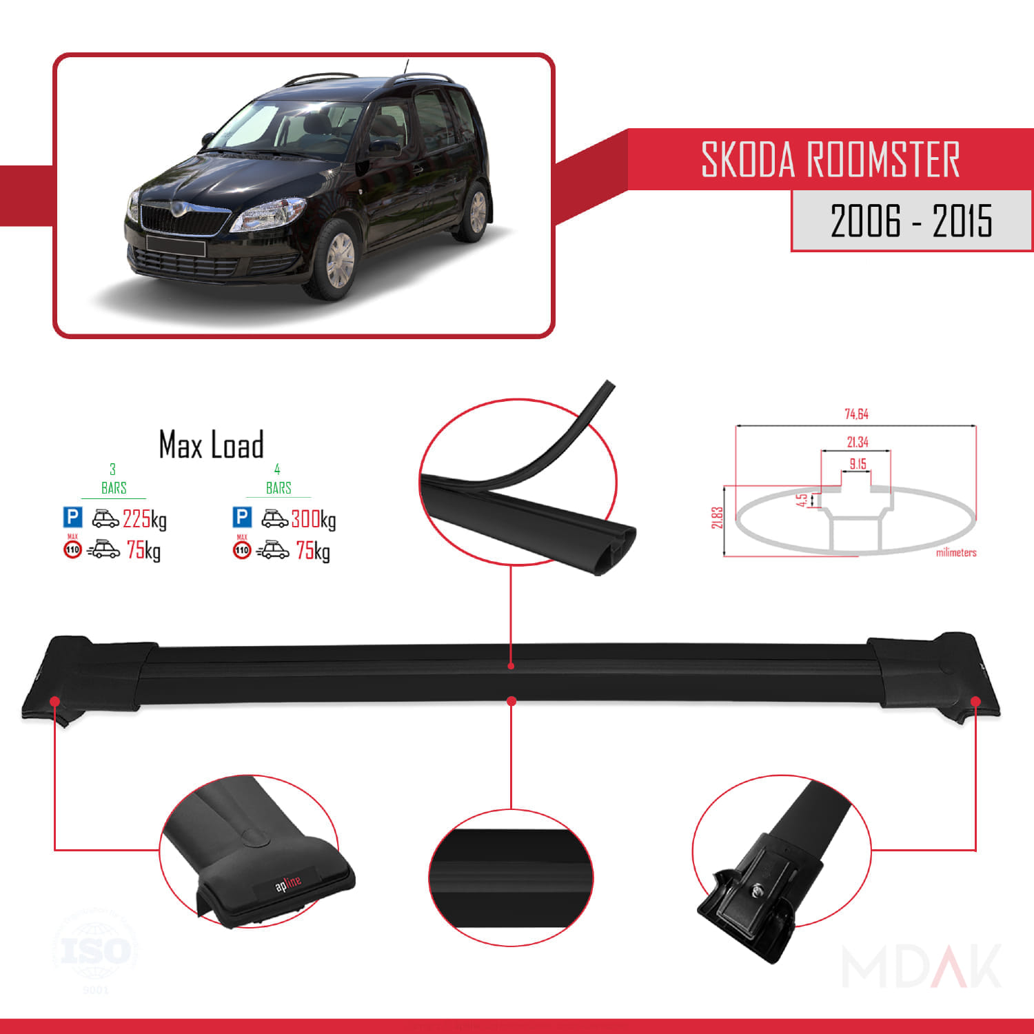 Skoda Roomster 2006-2015 Arası ile Uyumlu FLY Model Ara Atkı Tavan Barı Siyah 3 Adet - Görsel 3