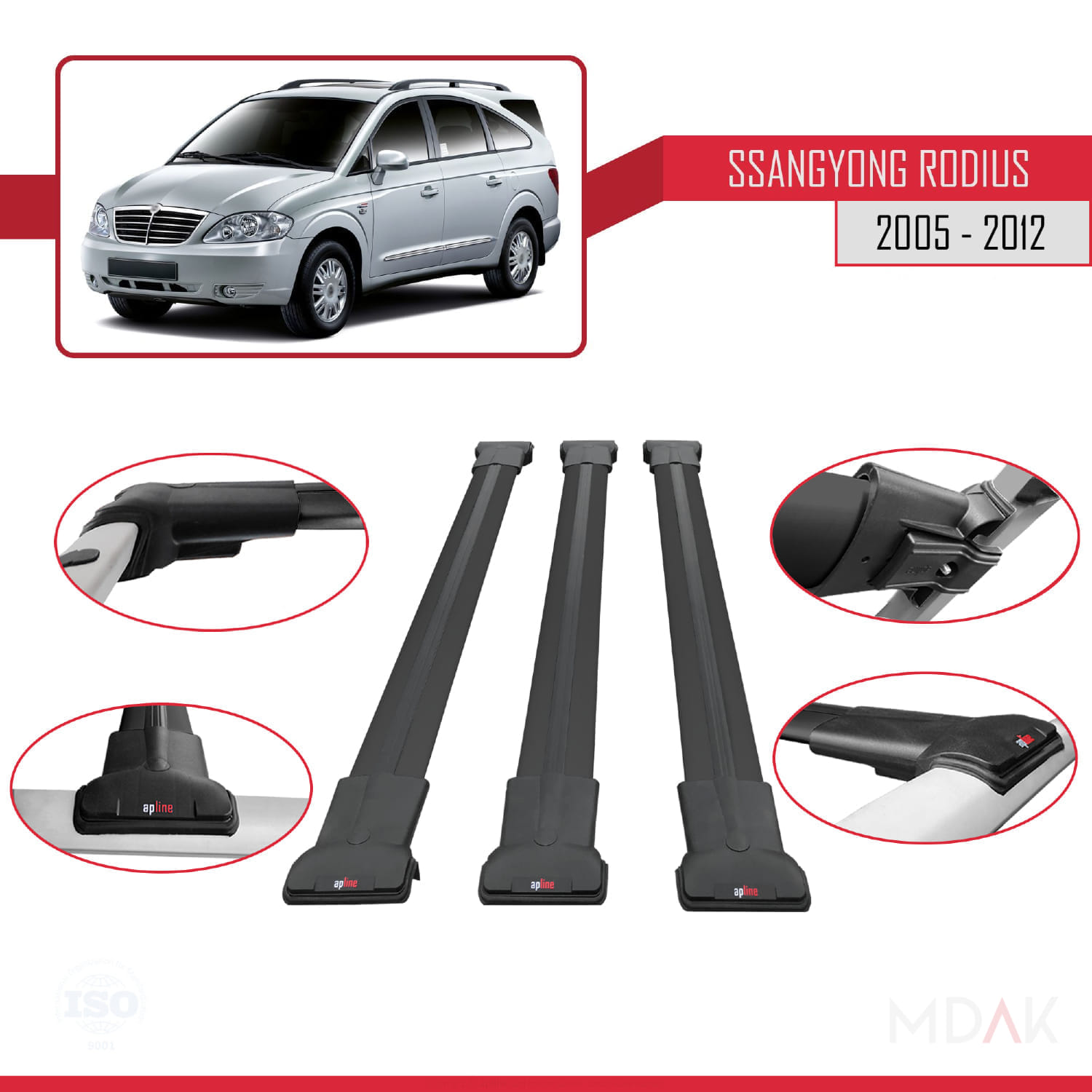 Ssangyong Rodius 2005-2012 Arası ile Uyumlu FLY Model Ara Atkı Tavan Barı Siyah 3 Adet - Görsel 4