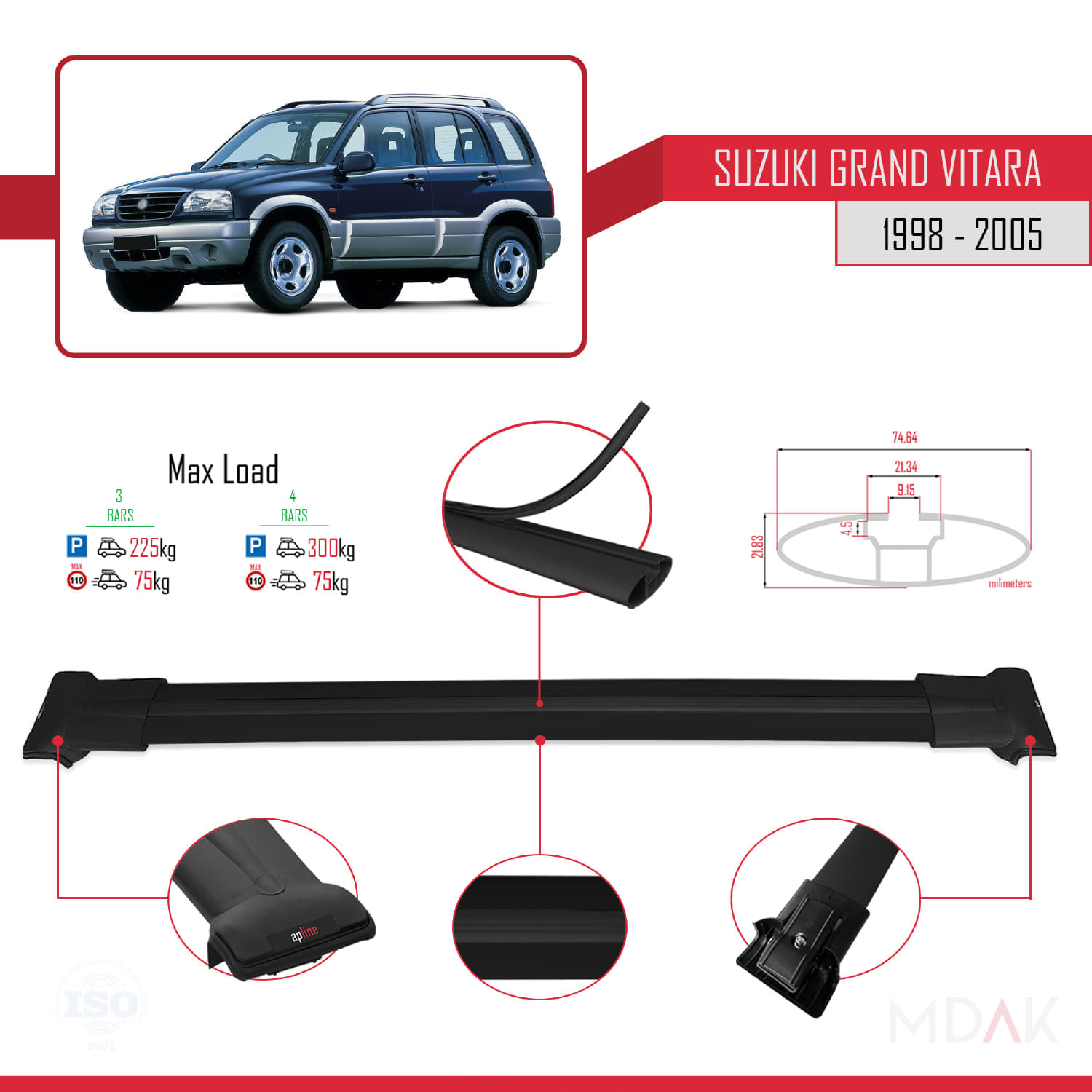 Suzuki Grand Vitara (FT) 1998-2005 Arası ile Uyumlu FLY Model Ara Atkı Tavan Barı Siyah 3 Adet - Görsel 3