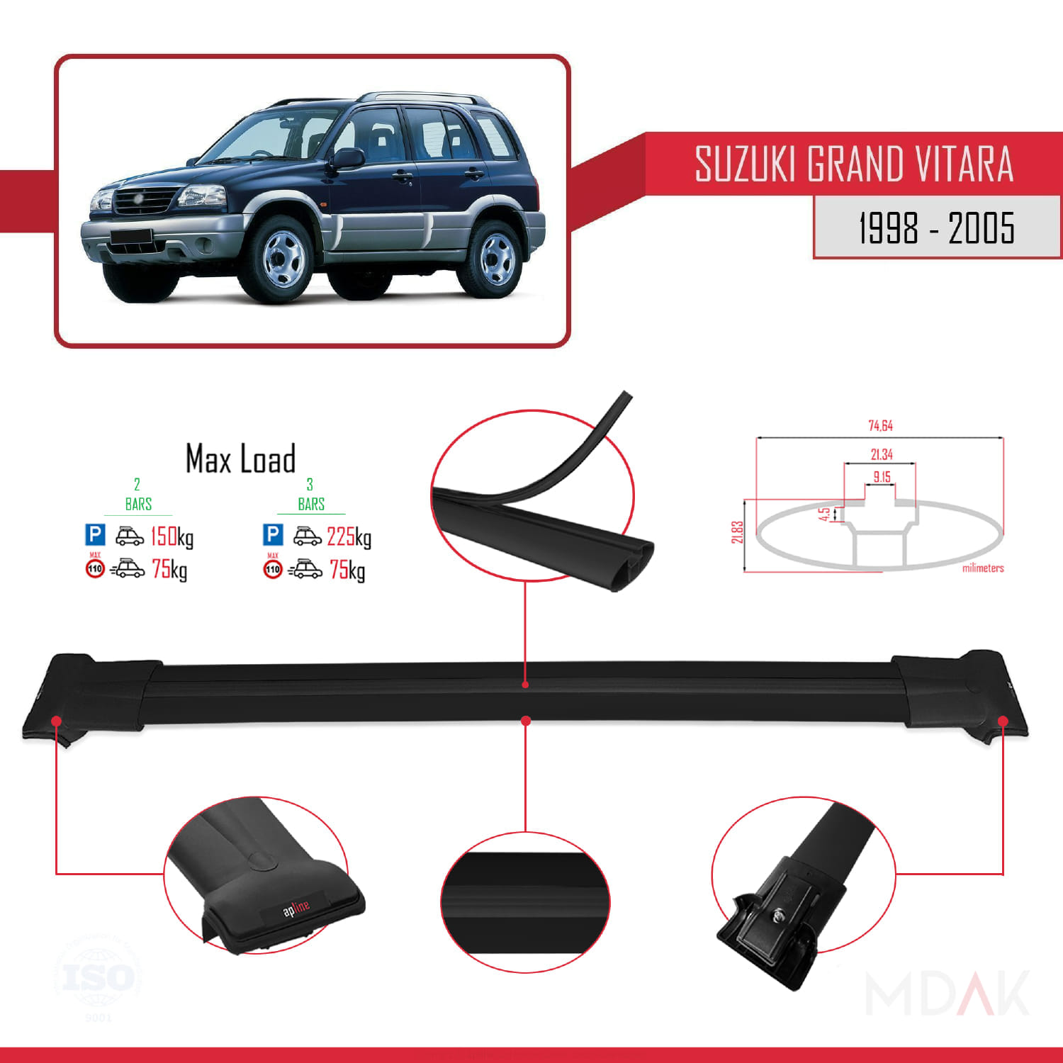 Suzuki Grand Vitara (FT) 1998-2005 Arası ile Uyumlu FLY Model Ara Atkı Tavan Barı Siyah 2 Adet - Görsel 4
