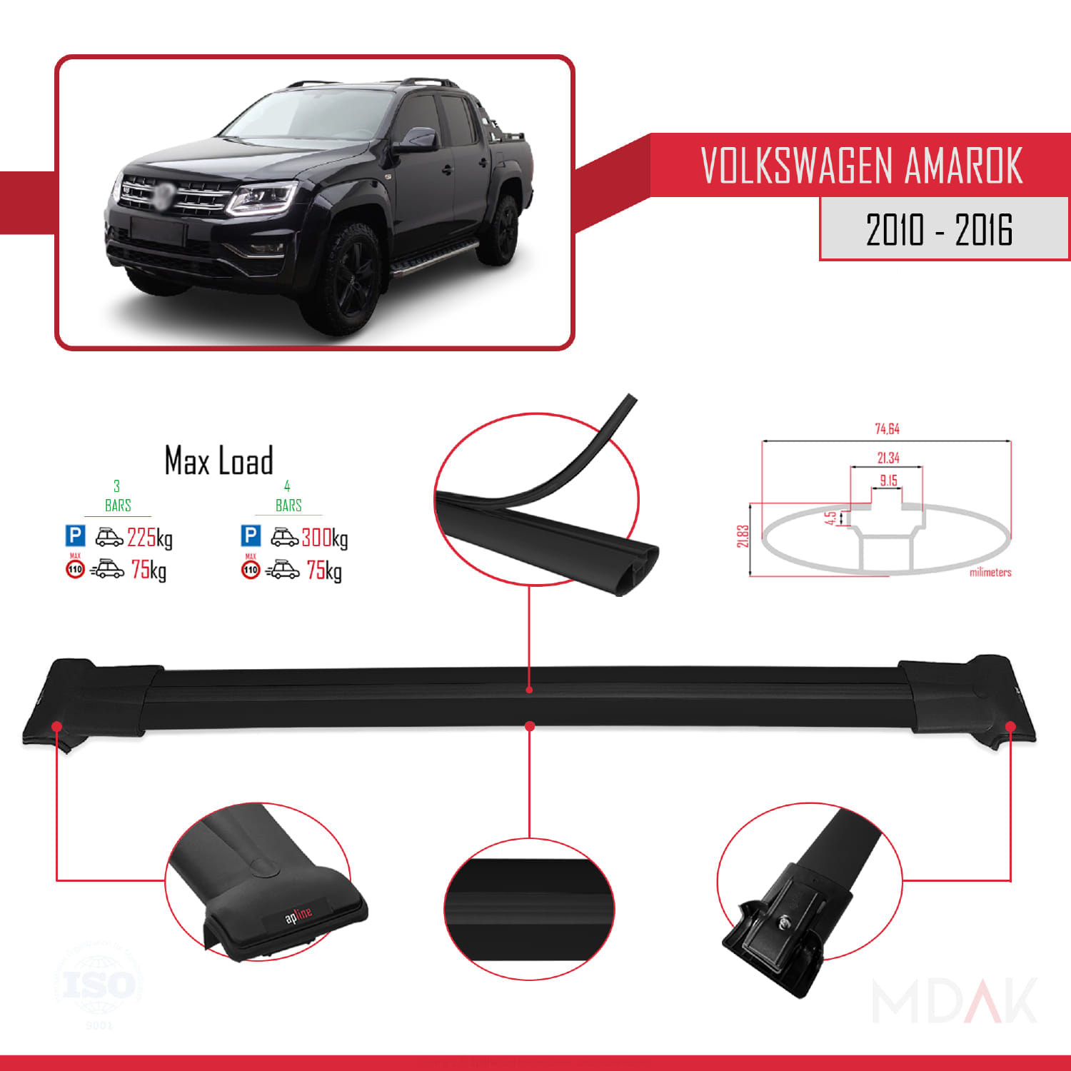 Volkswagen Amarok (2F) Pre-Facelift 2010-2016 Arası ile Uyumlu FLY Model Ara Atkı Tavan Barı Siyah 3 Adet - Görsel 3