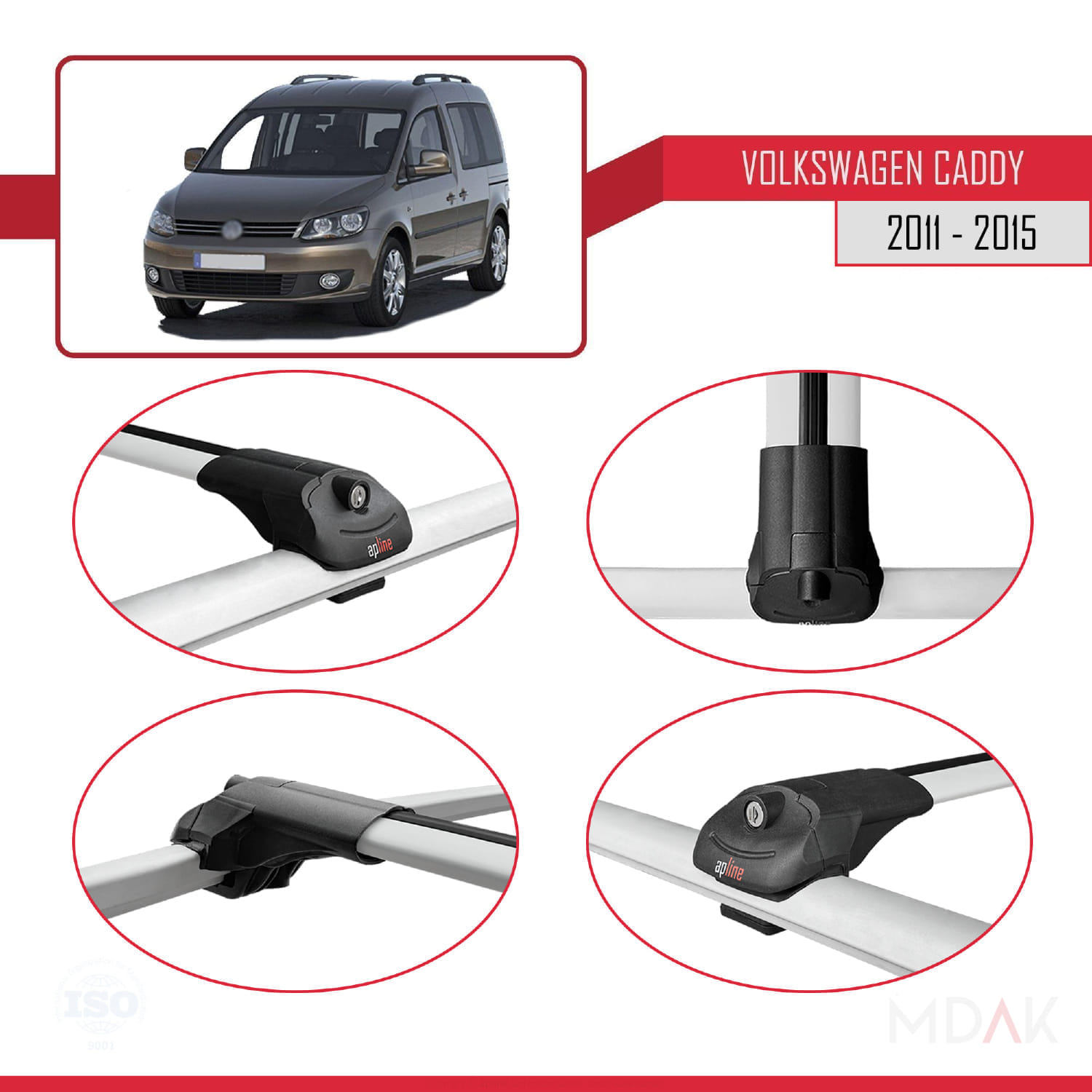Volkswagen Caddy 3 (2K) 2011-2015 Arası ile Uyumlu ACE-1 Ara Atkı Tavan Barı Gri 3 Adet - Görsel 4