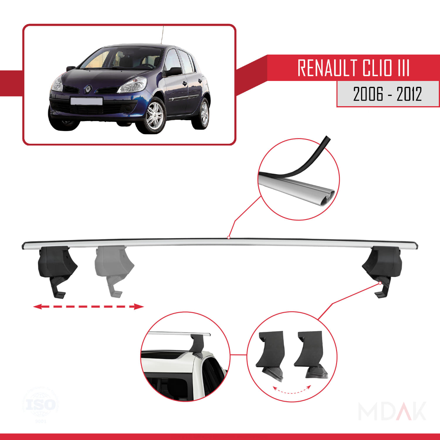 Renault Clio 3 2006-2012 Arası ile Uyumlu ACE-4 Ara Atkı Tavan Barı Gri 2 Adet - Görsel 4