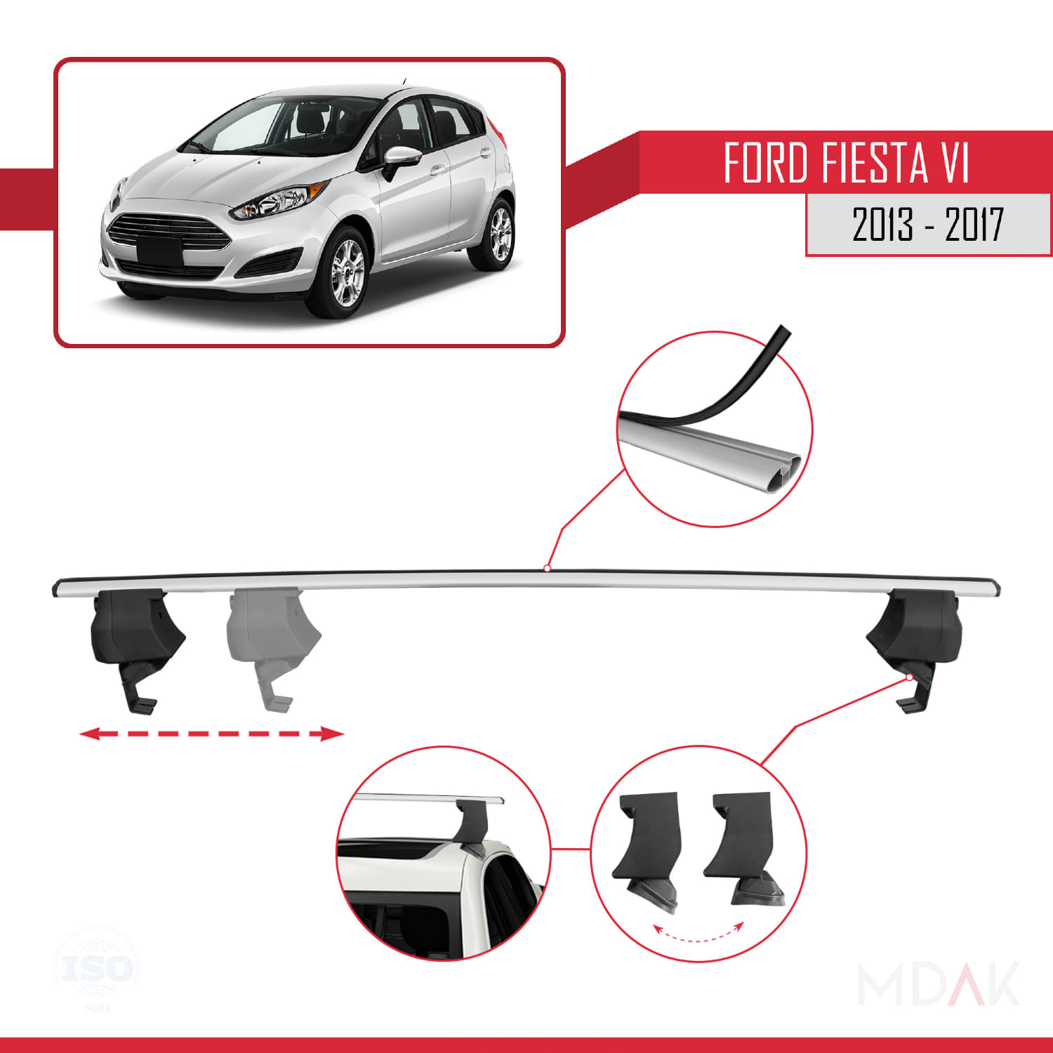 Ford Fiesta 6 Post-Facelift 2013-2017 Arası ile Uyumlu ACE-4 Ara Atkı Tavan Barı Gri 2 Adet - Görsel 3