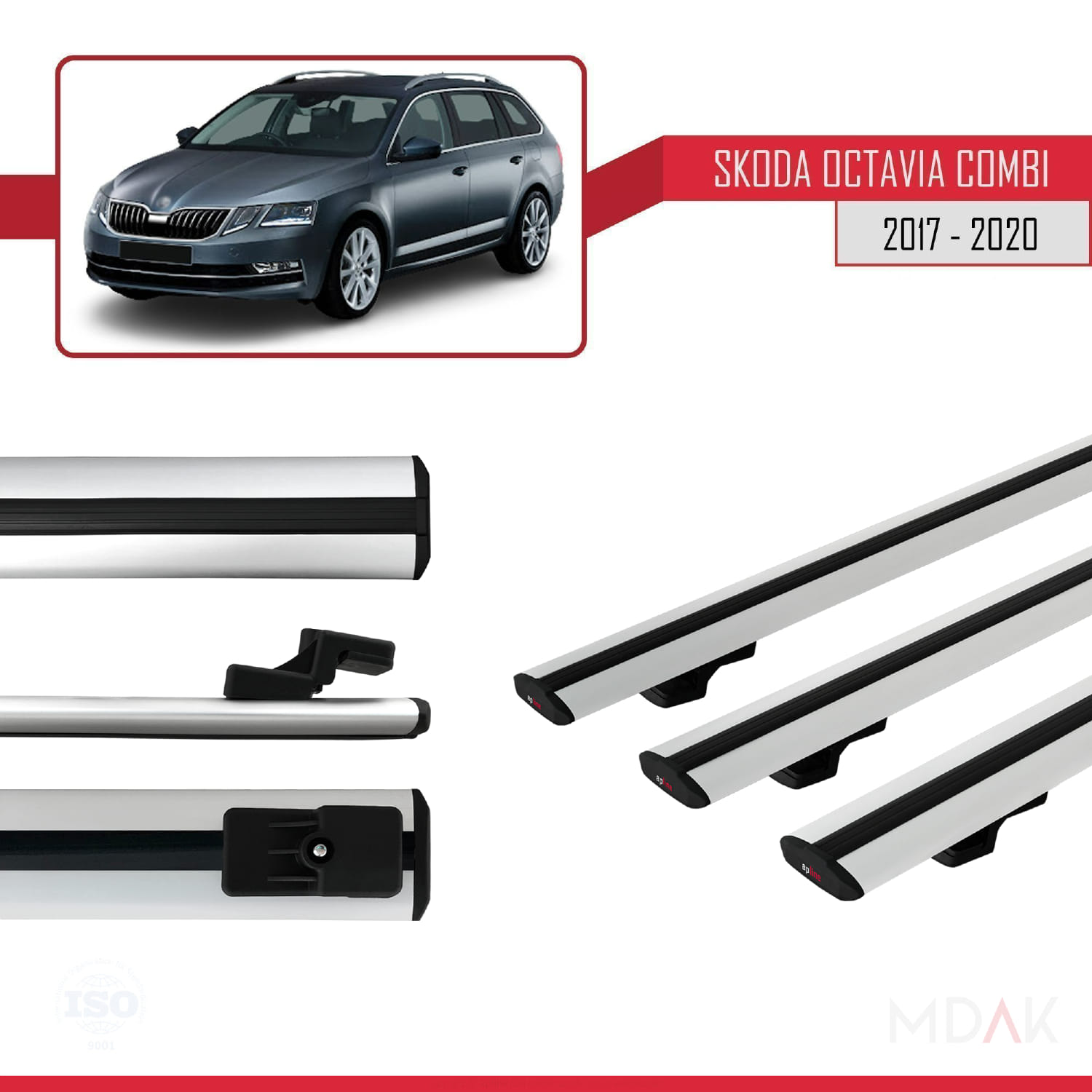 Skoda Octavia 3 (5E) Combi Post-Facelift 2017-2020 Arası ile Uyumlu BASIC Model Ara Atkı Tavan Barı Gri 3 Adet - Görsel 3