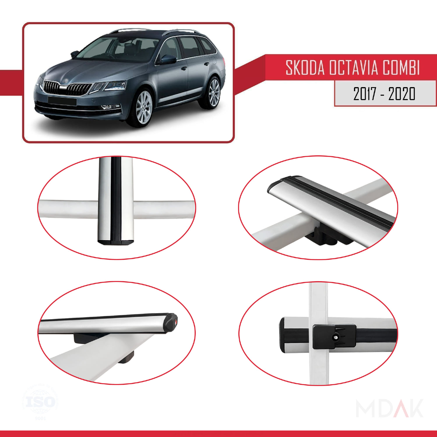 Skoda Octavia 3 (5E) Combi Post-Facelift 2017-2020 Arası ile Uyumlu BASIC Model Ara Atkı Tavan Barı Gri 3 Adet - Görsel 4