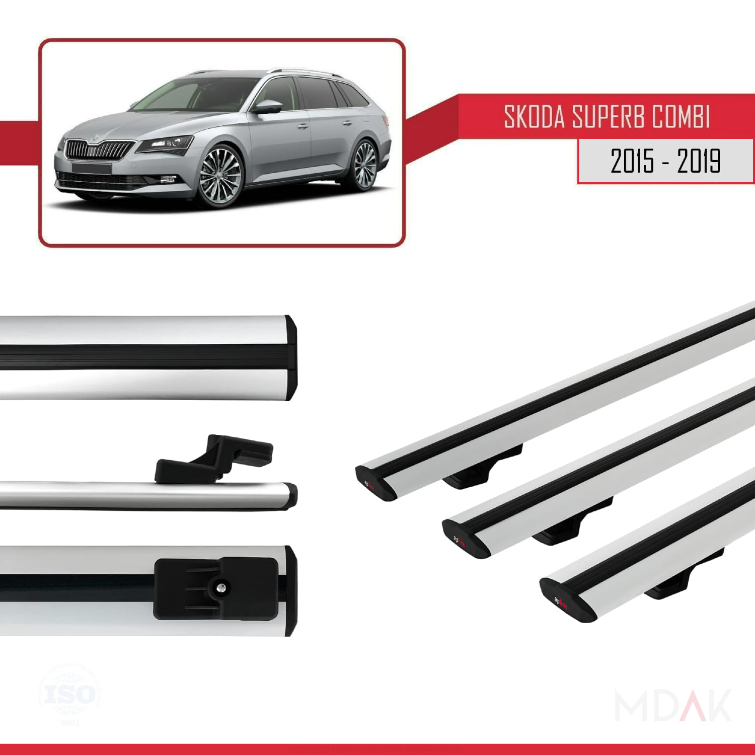Skoda Superb 3 (3V) Combi Pre-Facelift 2015-2019 Arası ile Uyumlu BASIC Model Ara Atkı Tavan Barı Gri 3 Adet - Görsel 3