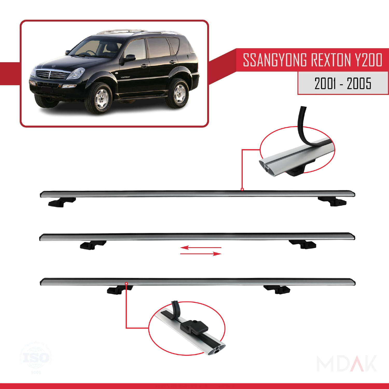 Ssangyong Rexton (Y200) 2001-2005 Arası ile Uyumlu BASIC Model Ara Atkı Tavan Barı Gri 3 Adet - Görsel 5