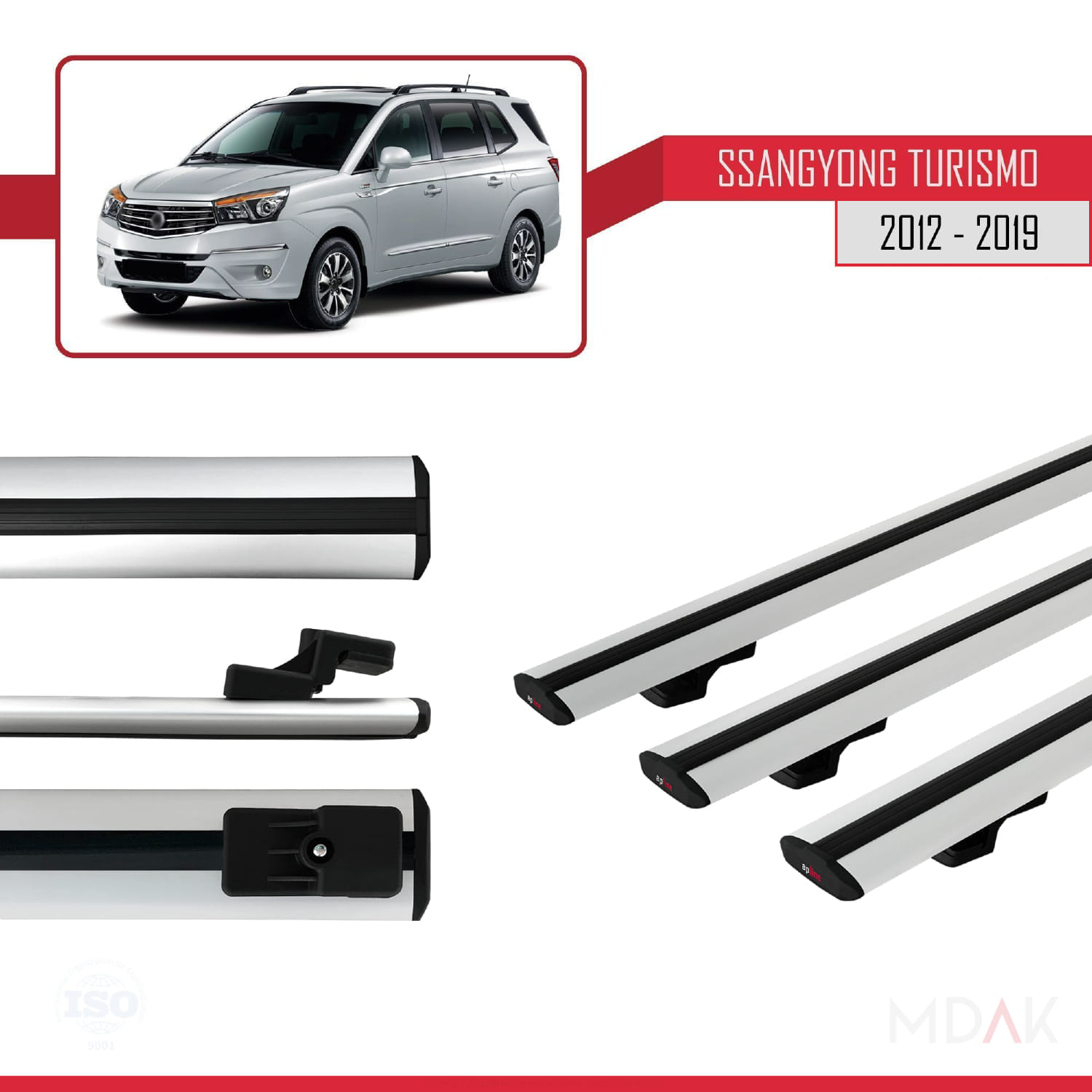 Ssangyong Turismo 2012-2019 Arası ile Uyumlu BASIC Model Ara Atkı Tavan Barı Gri 3 Adet - Görsel 3