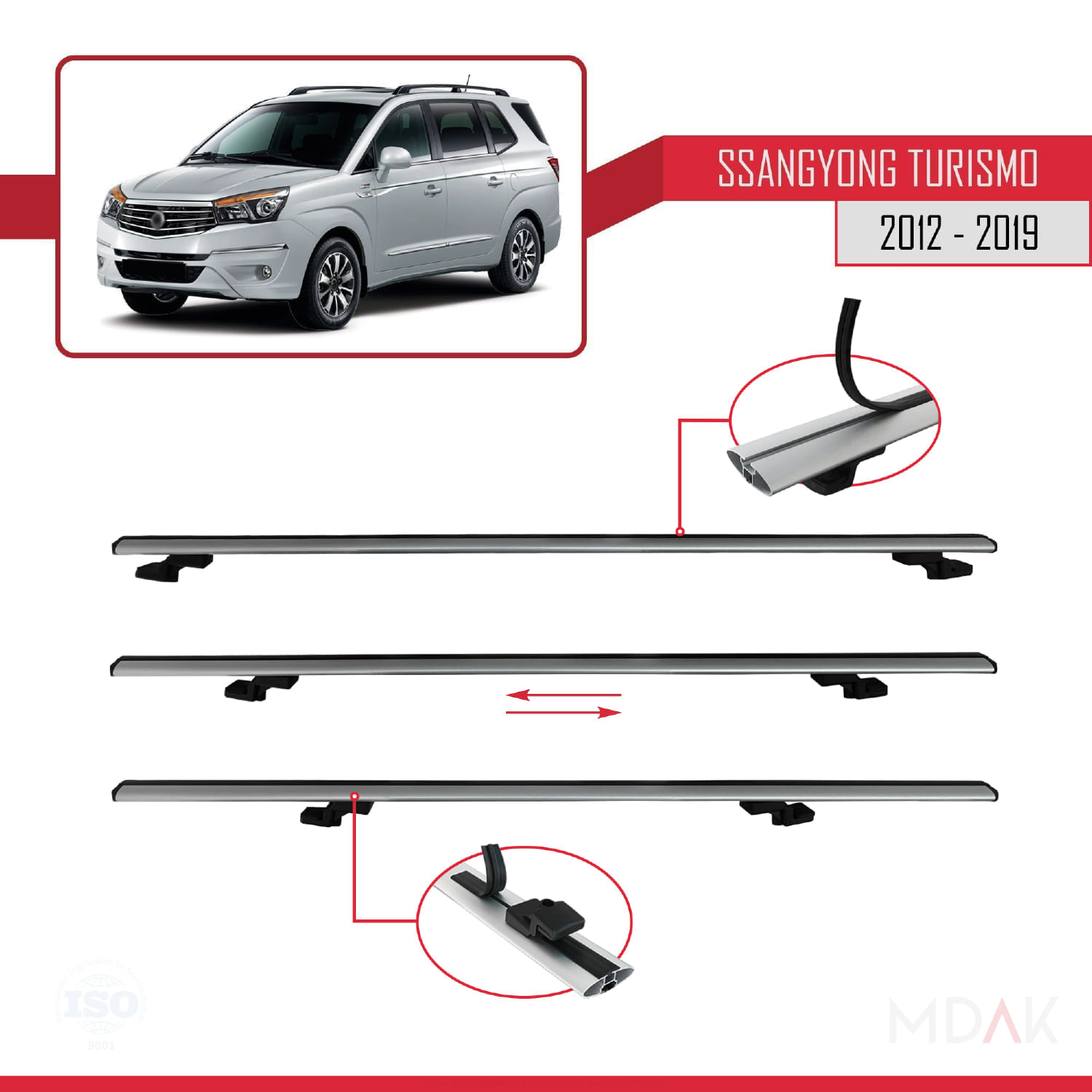 Ssangyong Turismo 2012-2019 Arası ile Uyumlu BASIC Model Ara Atkı Tavan Barı Gri 2 Adet - Görsel 5