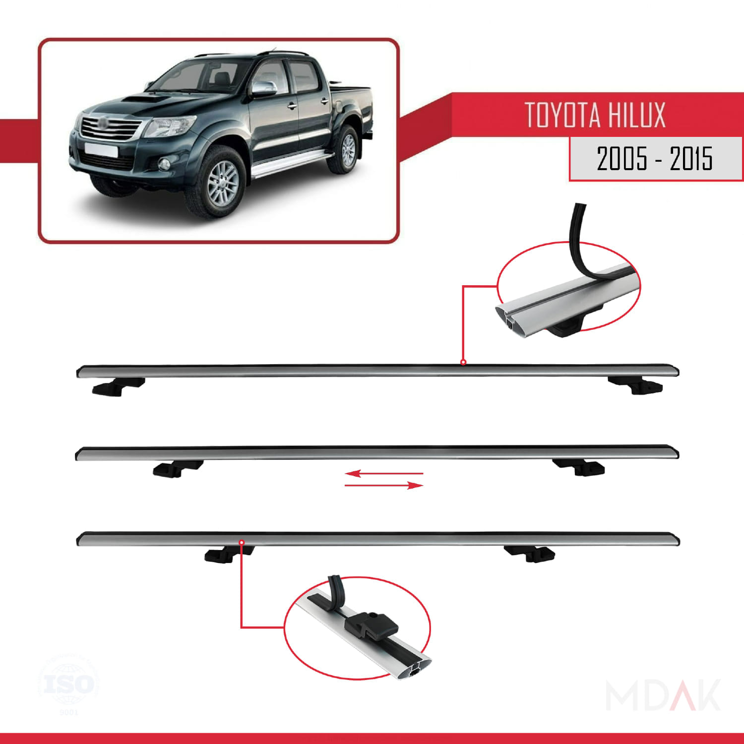 Toyota Hilux 7 (AN30) 2005-2015 Arası ile Uyumlu BASIC Model Ara Atkı Tavan Barı Gri 2 Adet - Görsel 5
