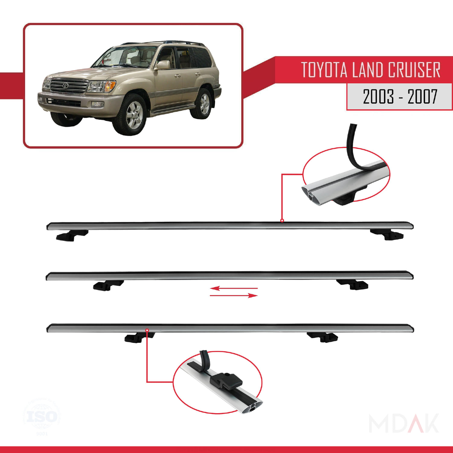 Toyota Land Cruiser (J100) 2003-2007 Arası ile Uyumlu BASIC Model Ara Atkı Tavan Barı Gri 2 Adet - Görsel 5