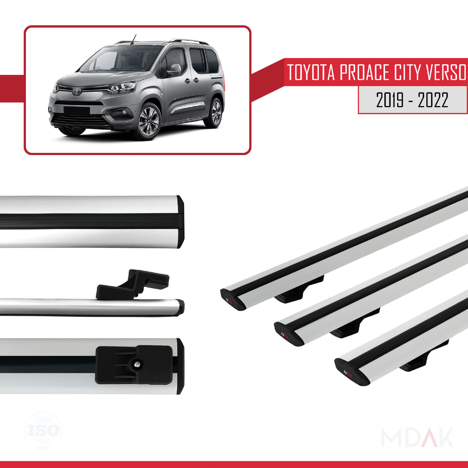 Toyota Proace City Verso 2019-2022 Arası ile Uyumlu BASIC Model Ara Atkı Tavan Barı Gri 3 Adet - Görsel 3