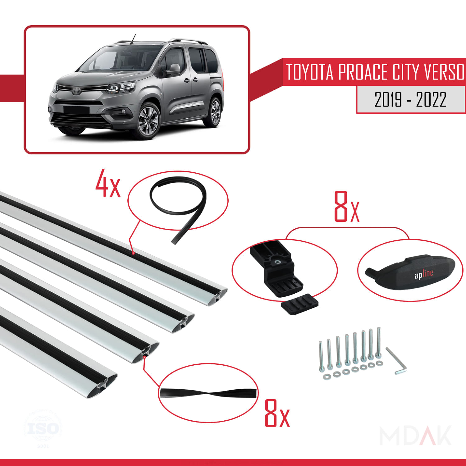 Toyota Proace City Verso 2019-2022 Arası ile Uyumlu BASIC Model Ara Atkı Tavan Barı Gri 4 Adet - Görsel 5