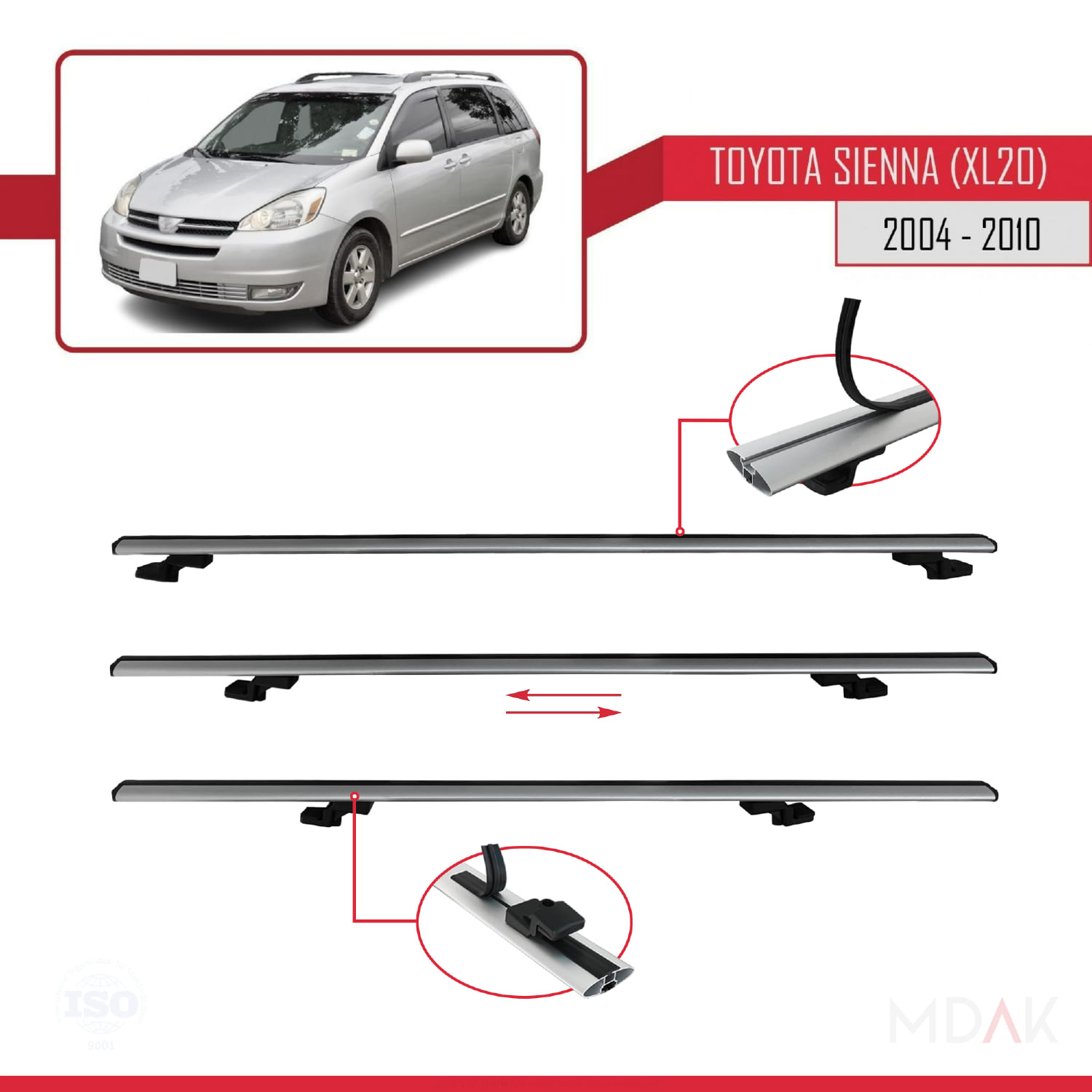 Toyota Sienna 2 (XL20) 2004-2010 Arası ile Uyumlu BASIC Model Ara Atkı Tavan Barı Gri 2 Adet - Görsel 5