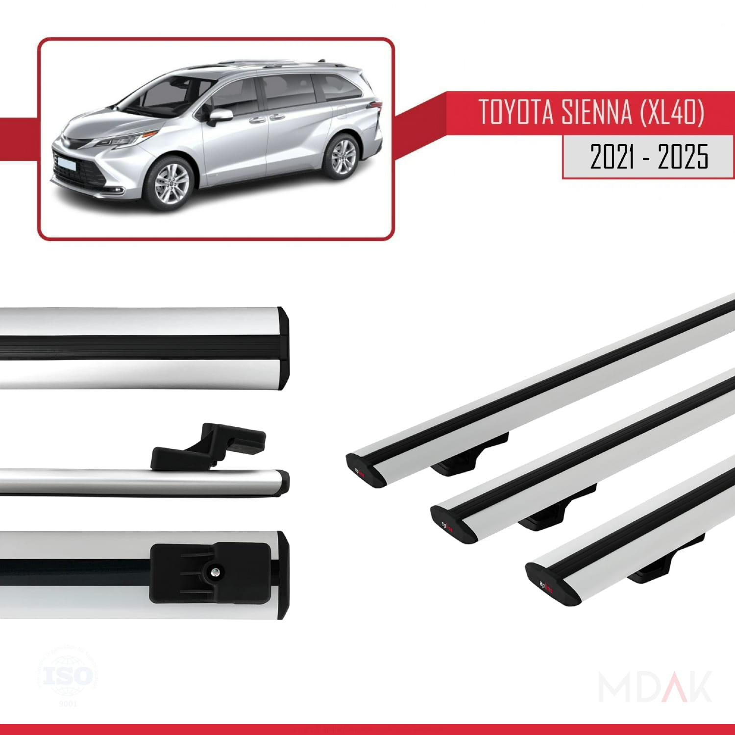 Toyota Sienna 4 (XL40) 2021 ve Sonrası ile Uyumlu BASIC Model Ara Atkı Tavan Barı Gri 3 Adet - Görsel 3