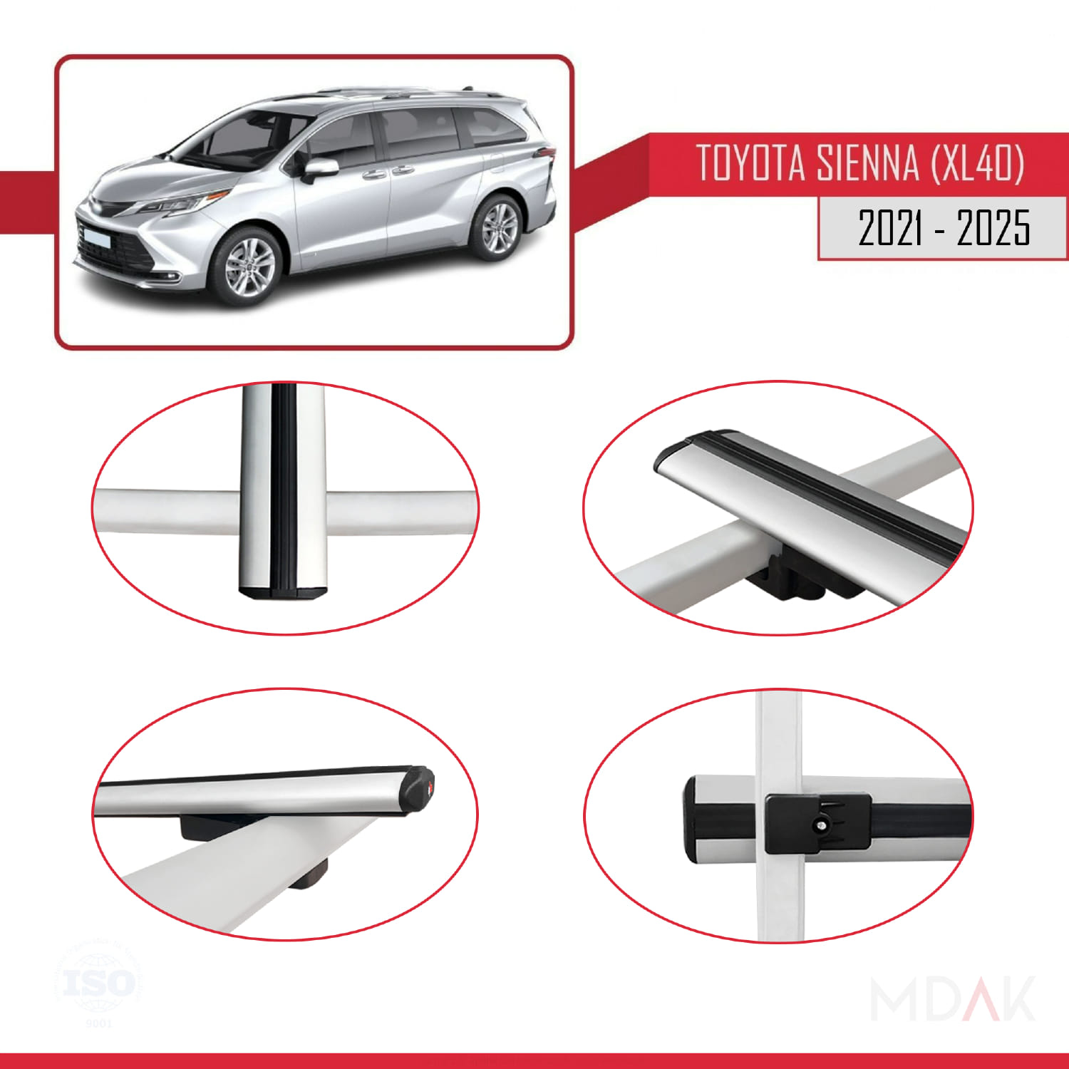 Toyota Sienna 4 (XL40) 2021 ve Sonrası ile Uyumlu BASIC Model Ara Atkı Tavan Barı Gri 2 Adet - Görsel 4