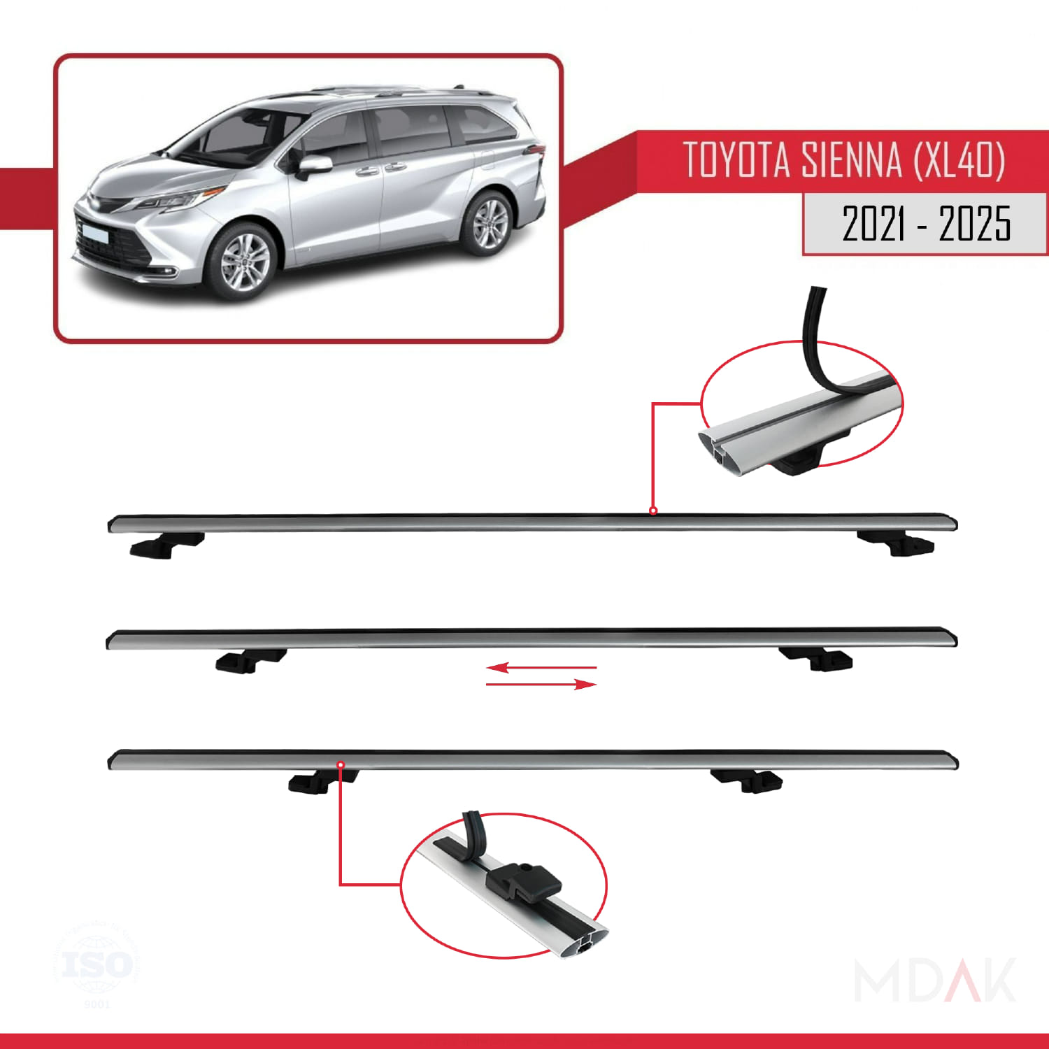 Toyota Sienna 4 (XL40) 2021 ve Sonrası ile Uyumlu BASIC Model Ara Atkı Tavan Barı Gri 2 Adet - Görsel 5